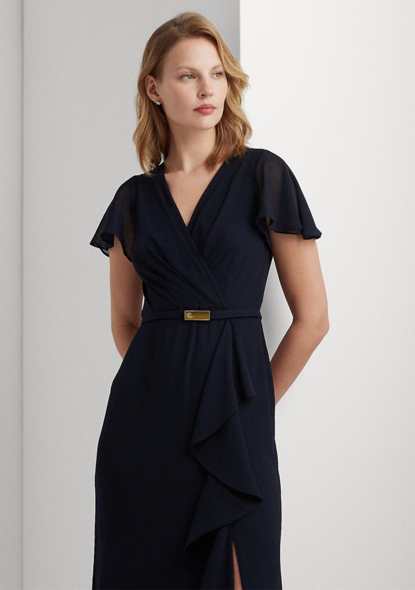 Belted Georgette Flutter-Sleeve Gown