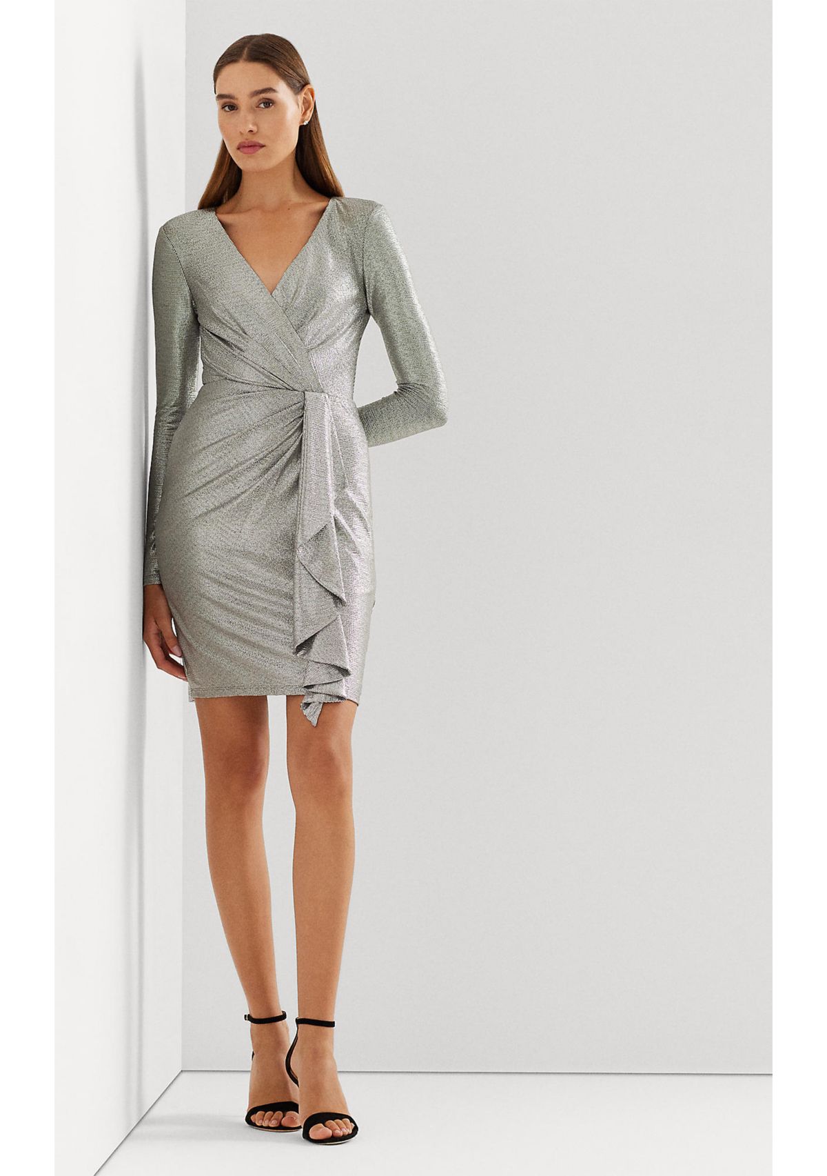 Metallic Knit Surplice Cocktail Dress