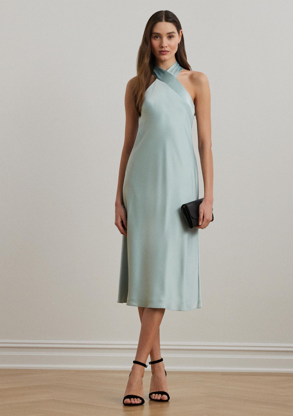 Womens Satin Charmeuse Halter Cocktail Dress