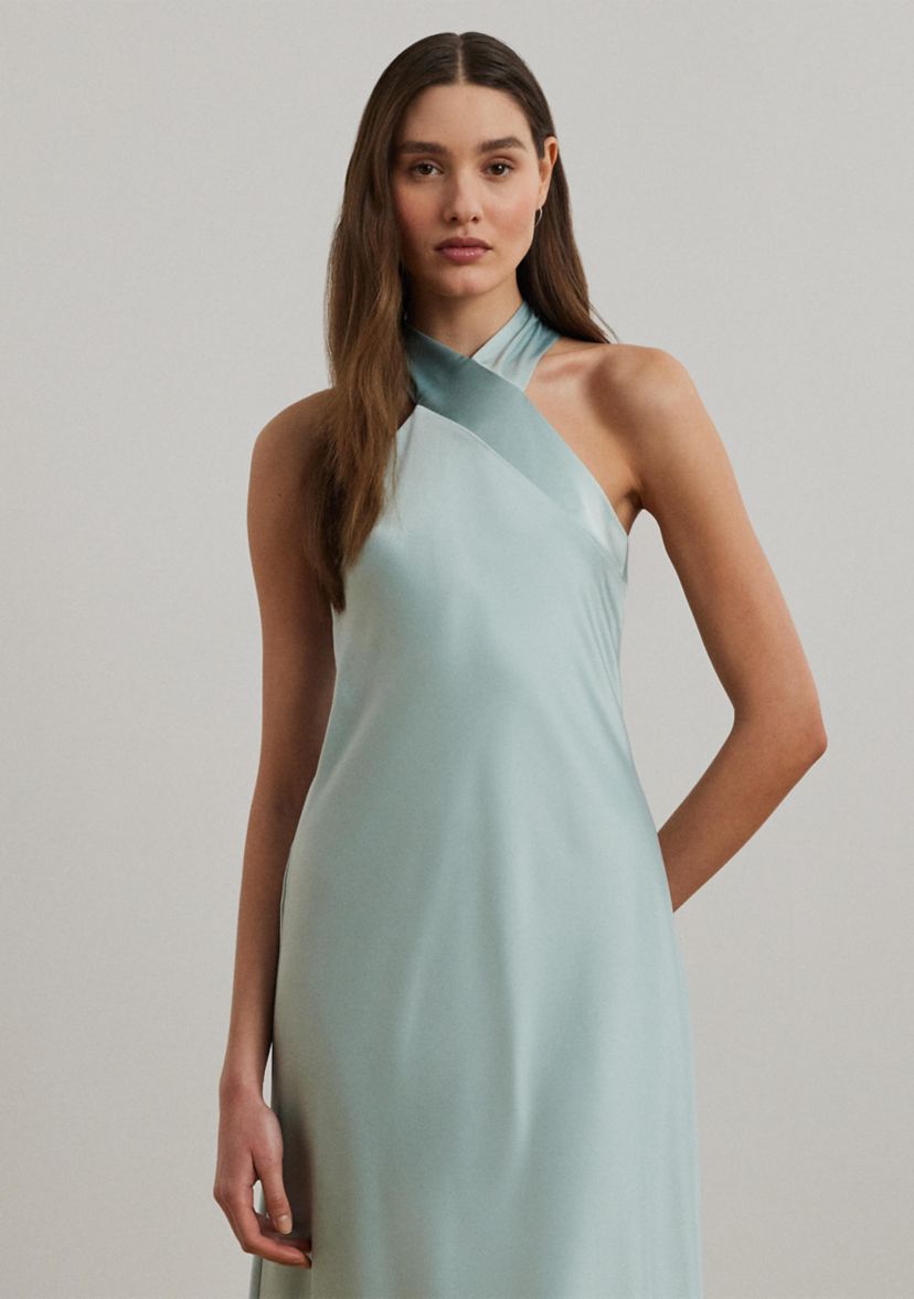 Womens Satin Charmeuse Halter Cocktail Dress