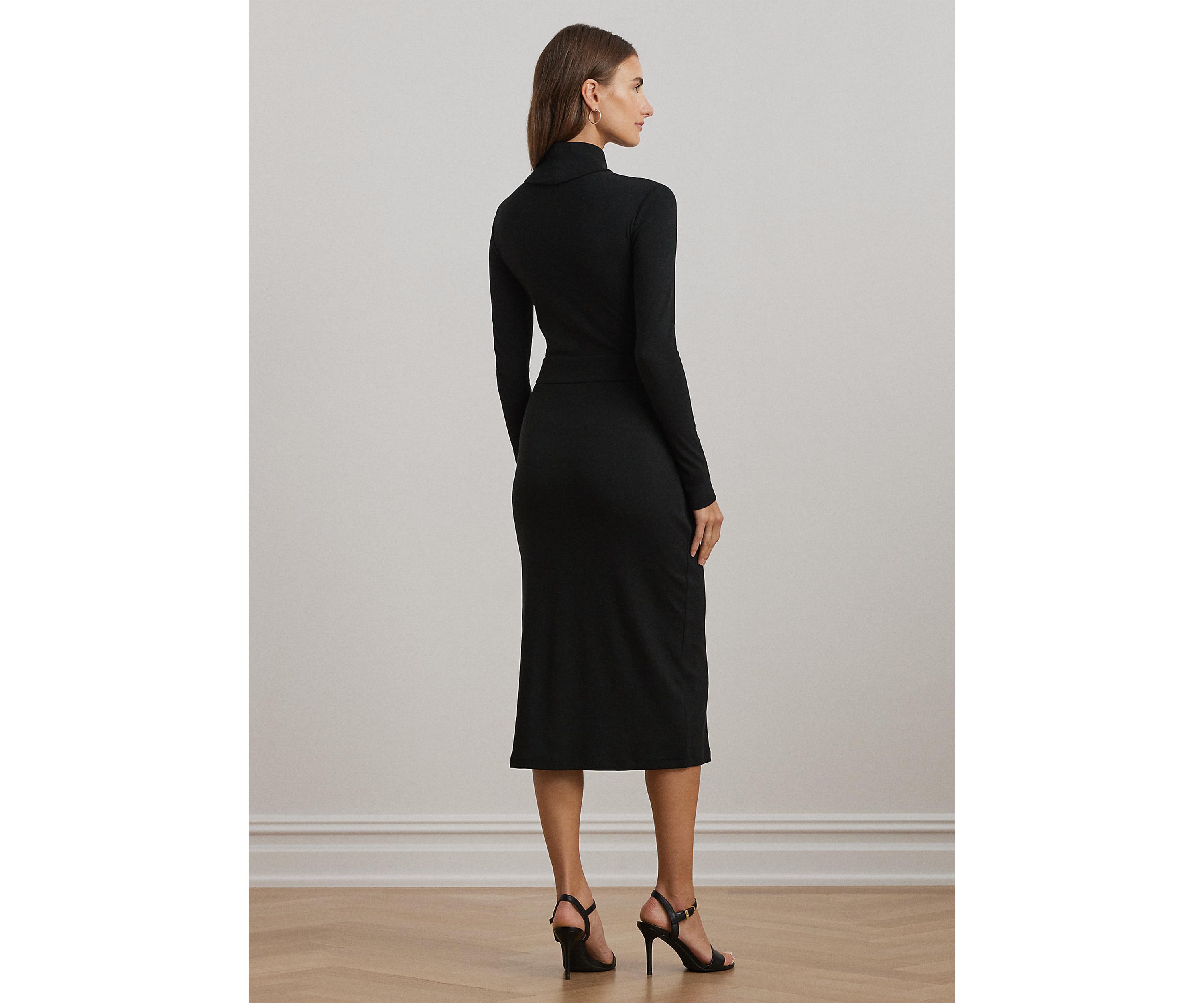 Chain-Trim Rib-Knit Turtleneck Dress