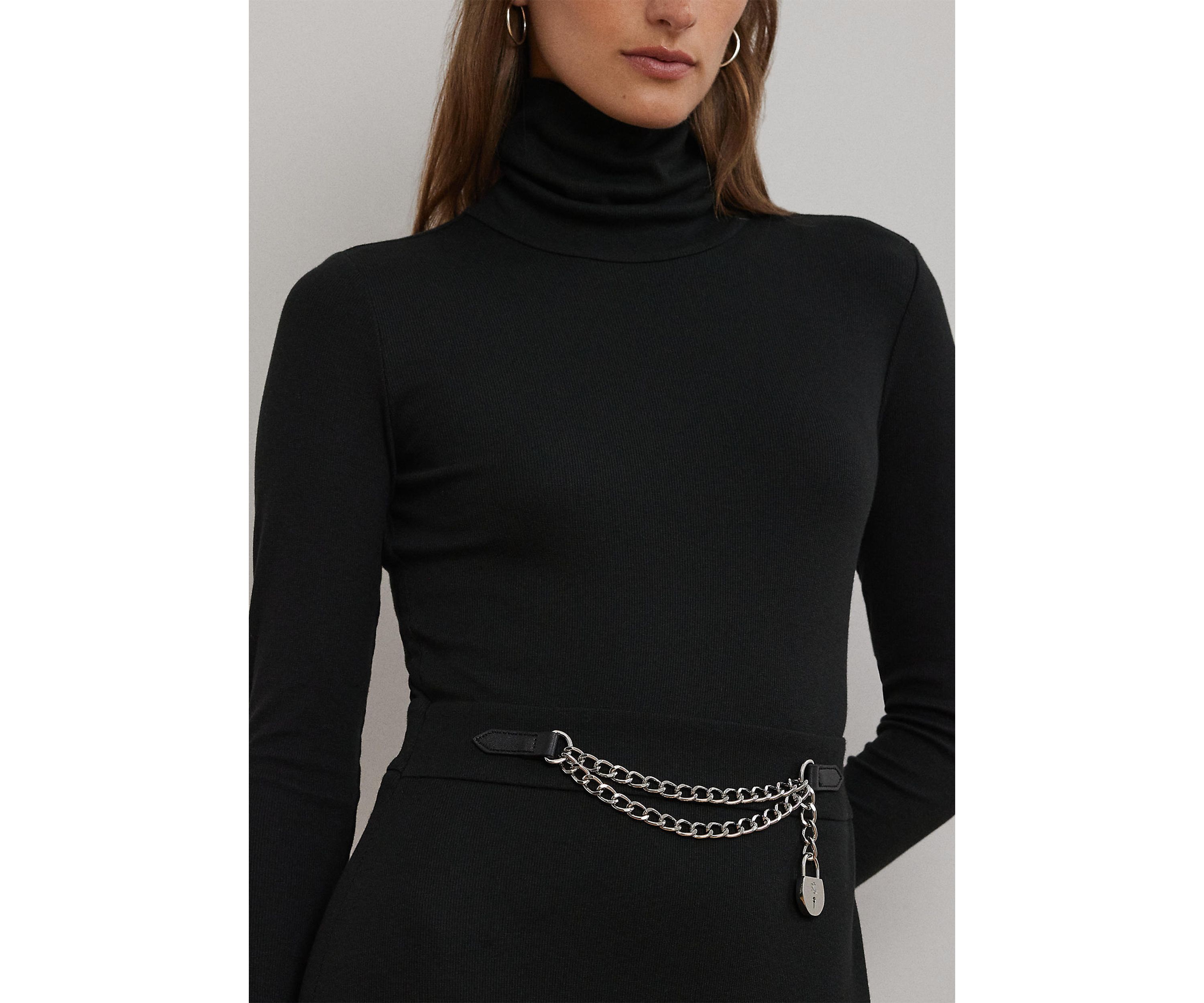 Chain-Trim Rib-Knit Turtleneck Dress