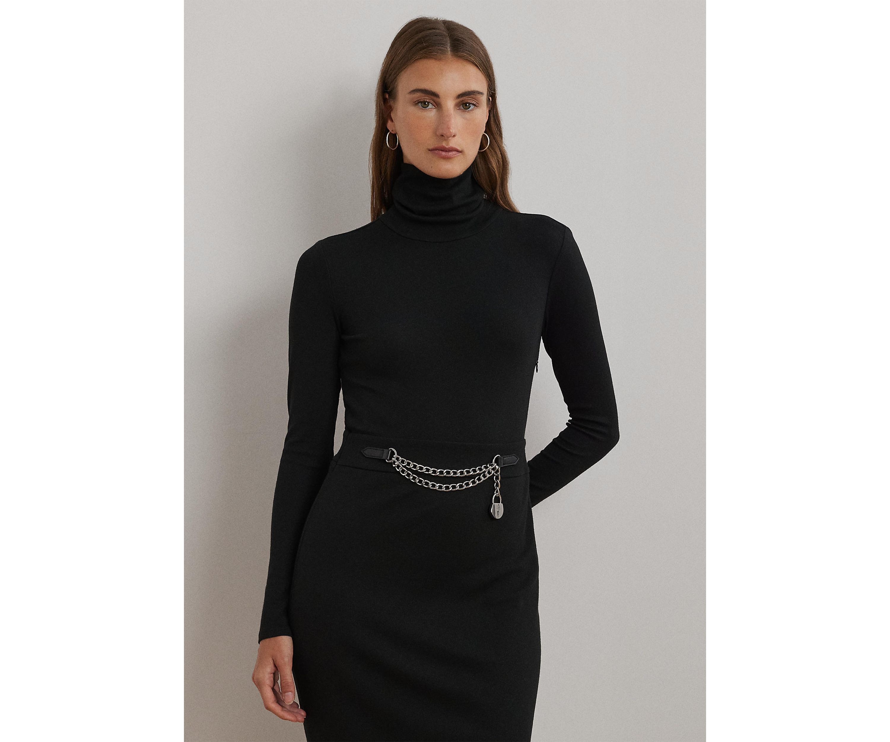 Chain-Trim Rib-Knit Turtleneck Dress