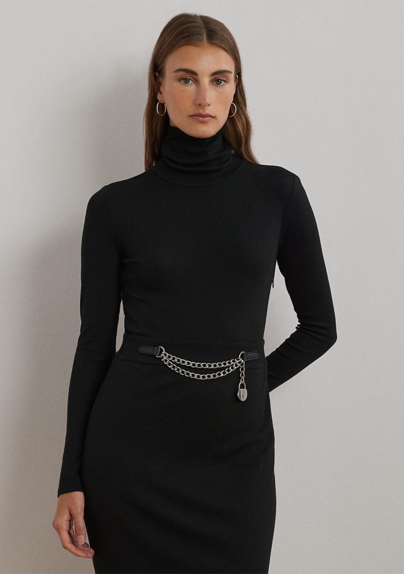 Chain-Trim Rib-Knit Turtleneck Dress