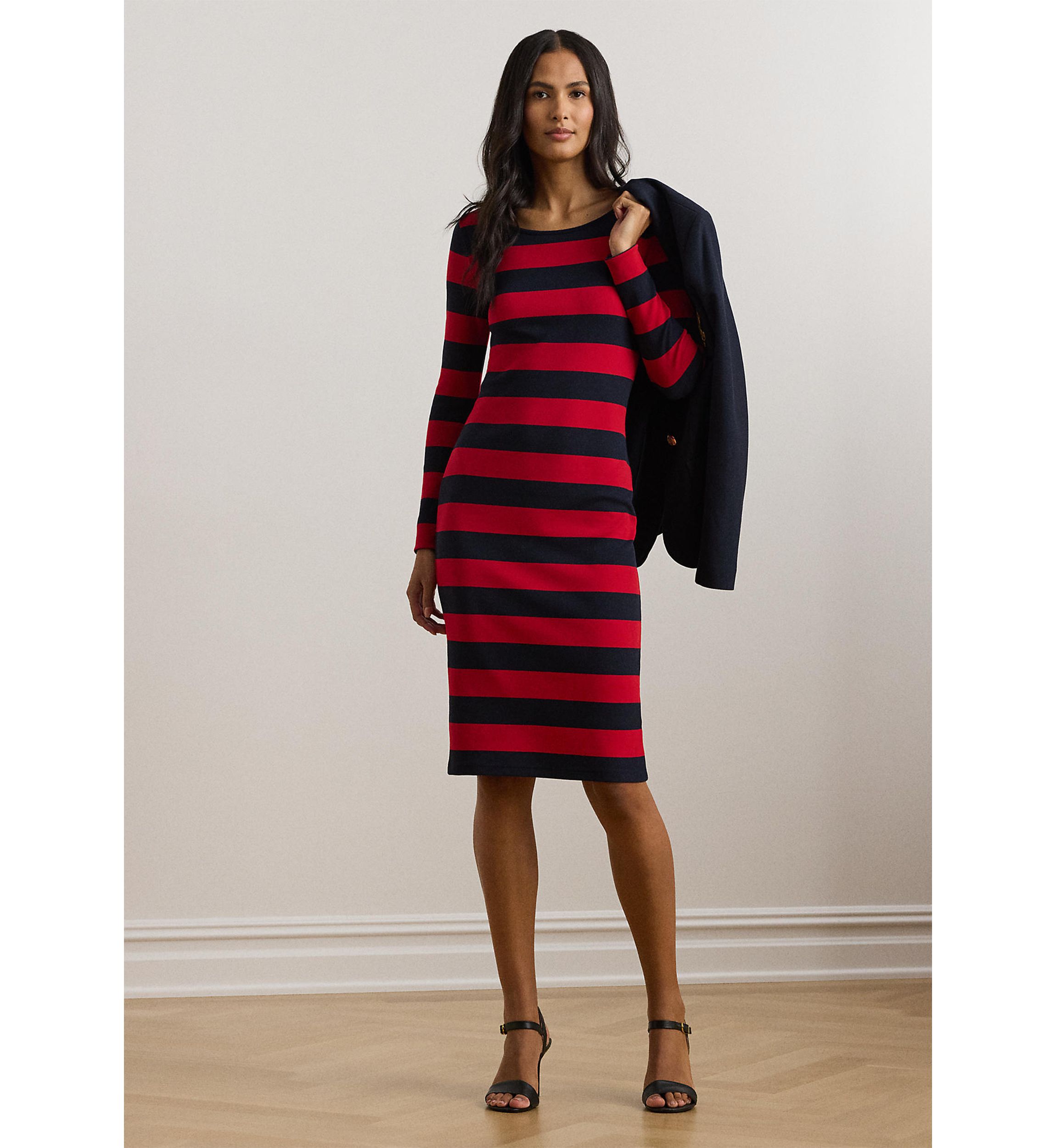 Striped Cotton Blend Ribbed Dress