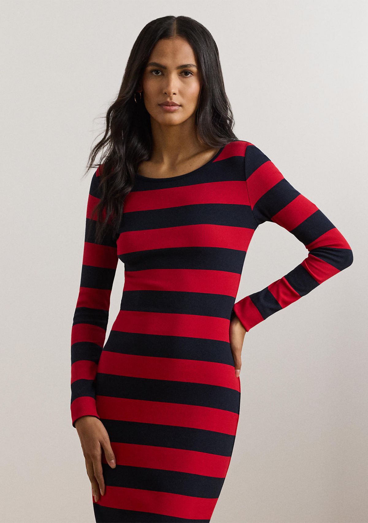 Striped Cotton Blend Ribbed Dress