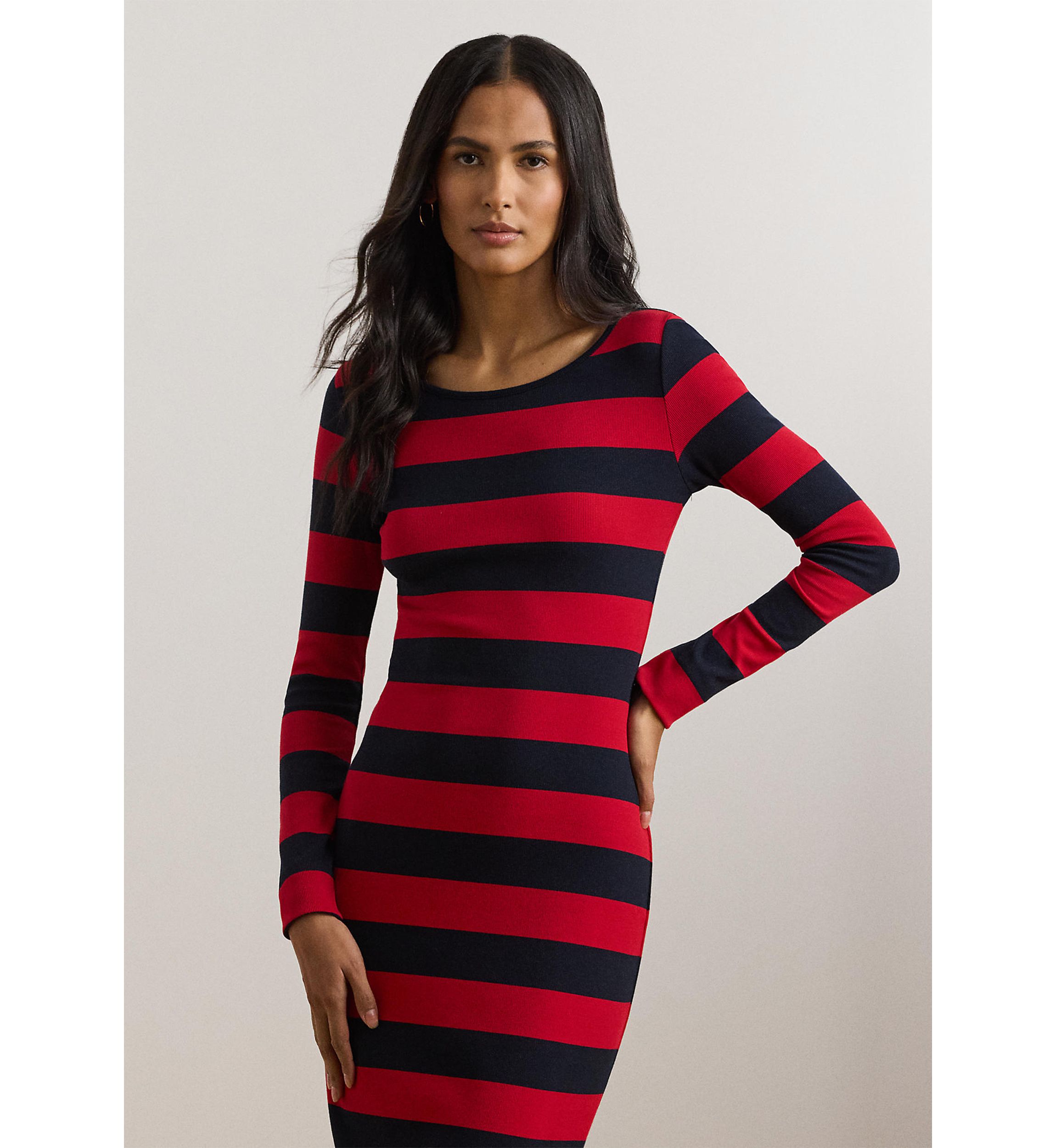 Striped Cotton Blend Ribbed Dress