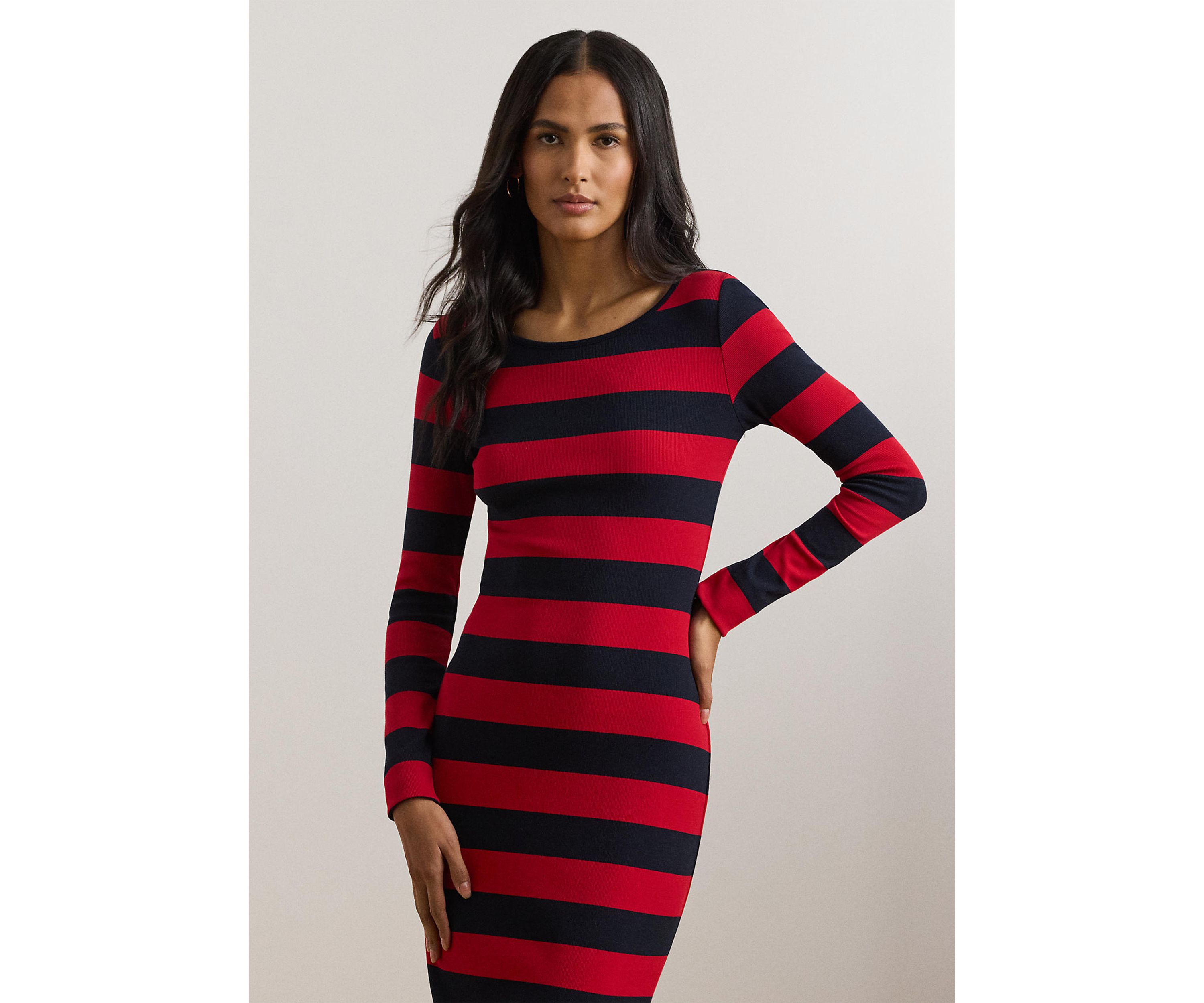 Striped Cotton Blend Ribbed Dress
