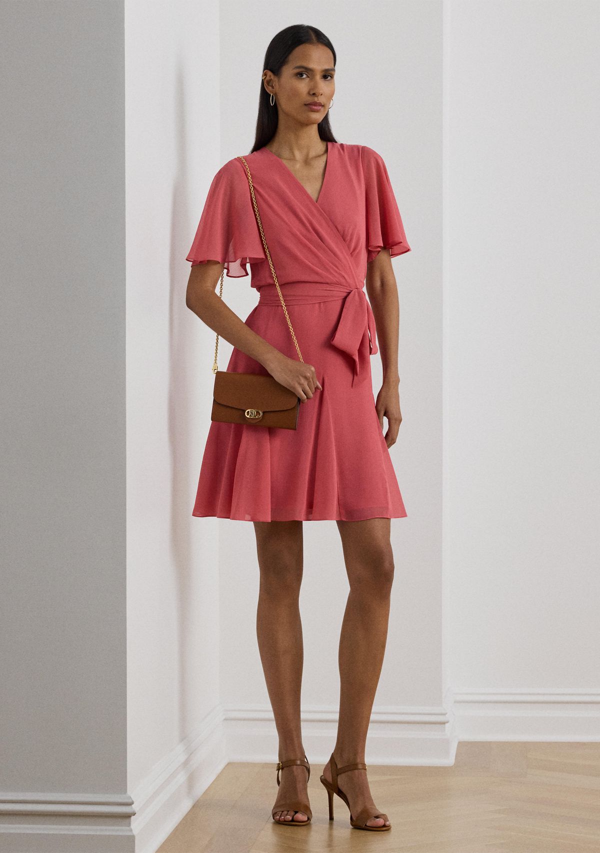 Womens Crinkle Georgette Surplice Dress