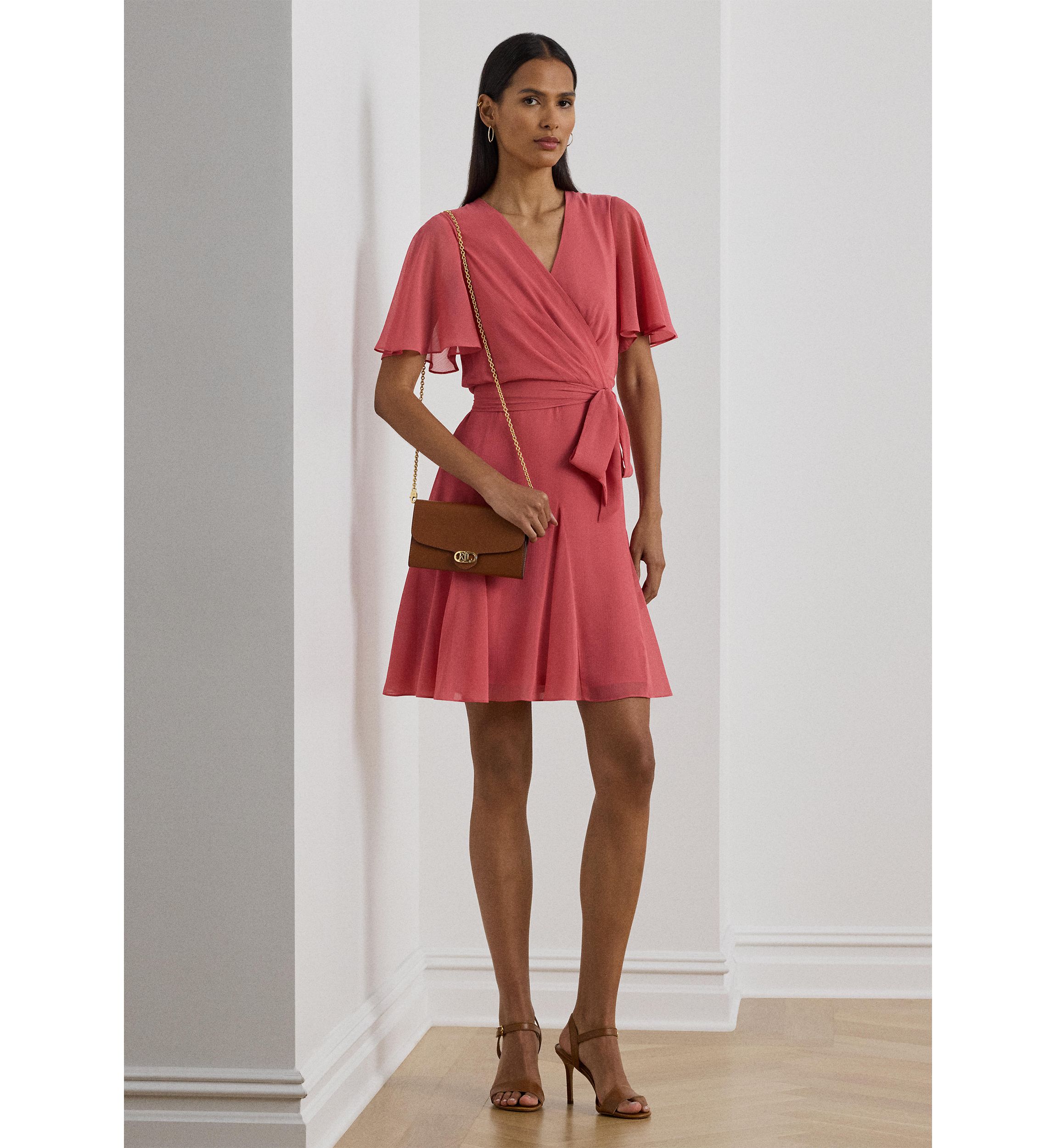Womens Crinkle Georgette Surplice Dress