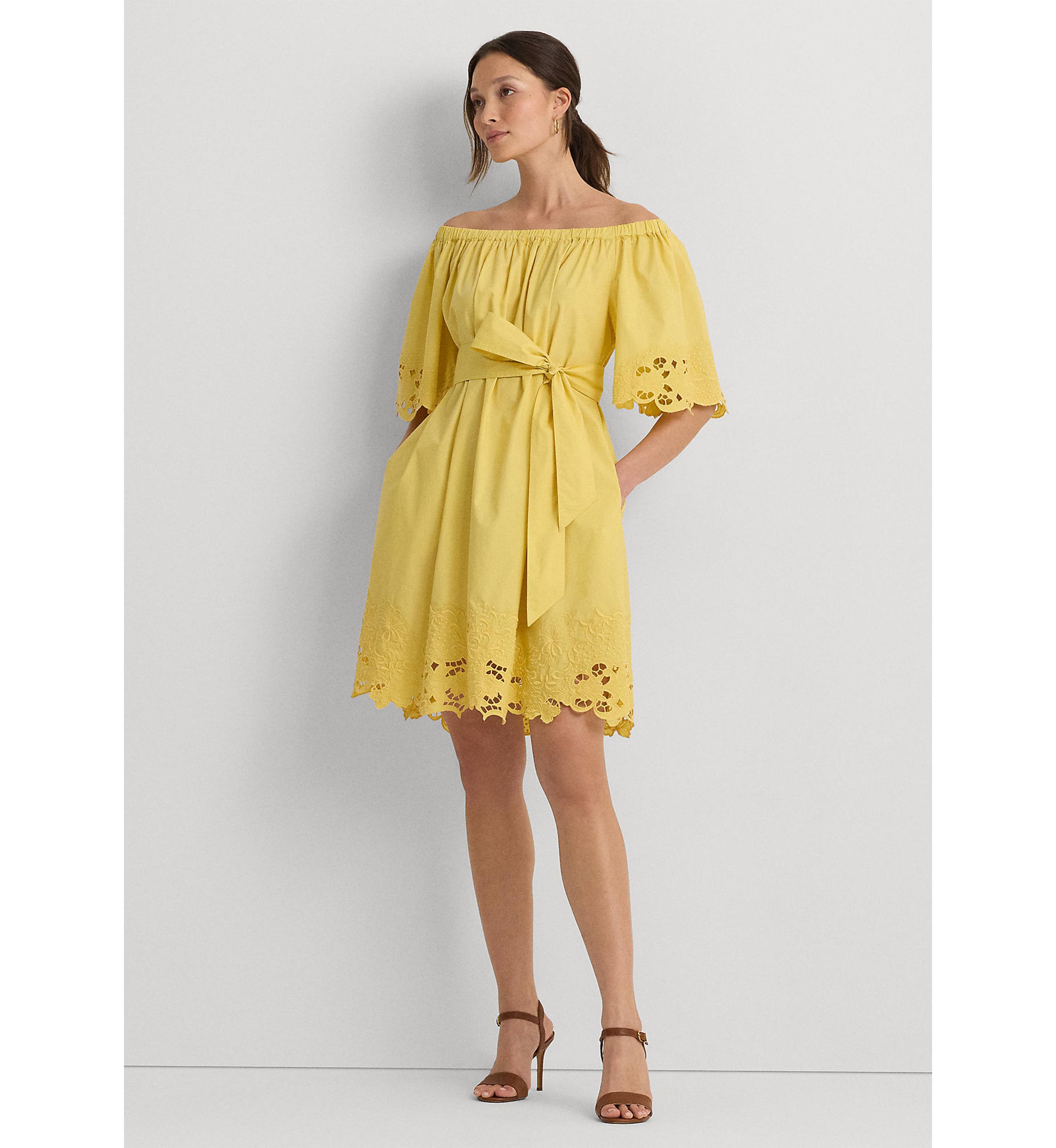 Womens Eyelet Cotton Off-the-Shoulder Dress