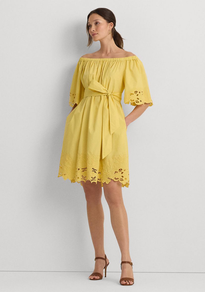 Womens Eyelet Cotton Off-the-Shoulder Dress