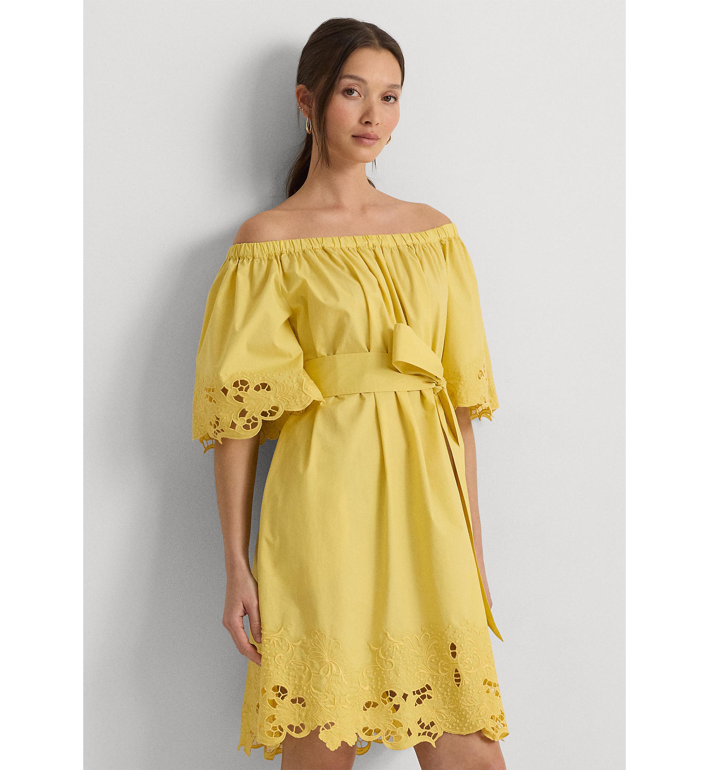 Womens Eyelet Cotton Off-the-Shoulder Dress