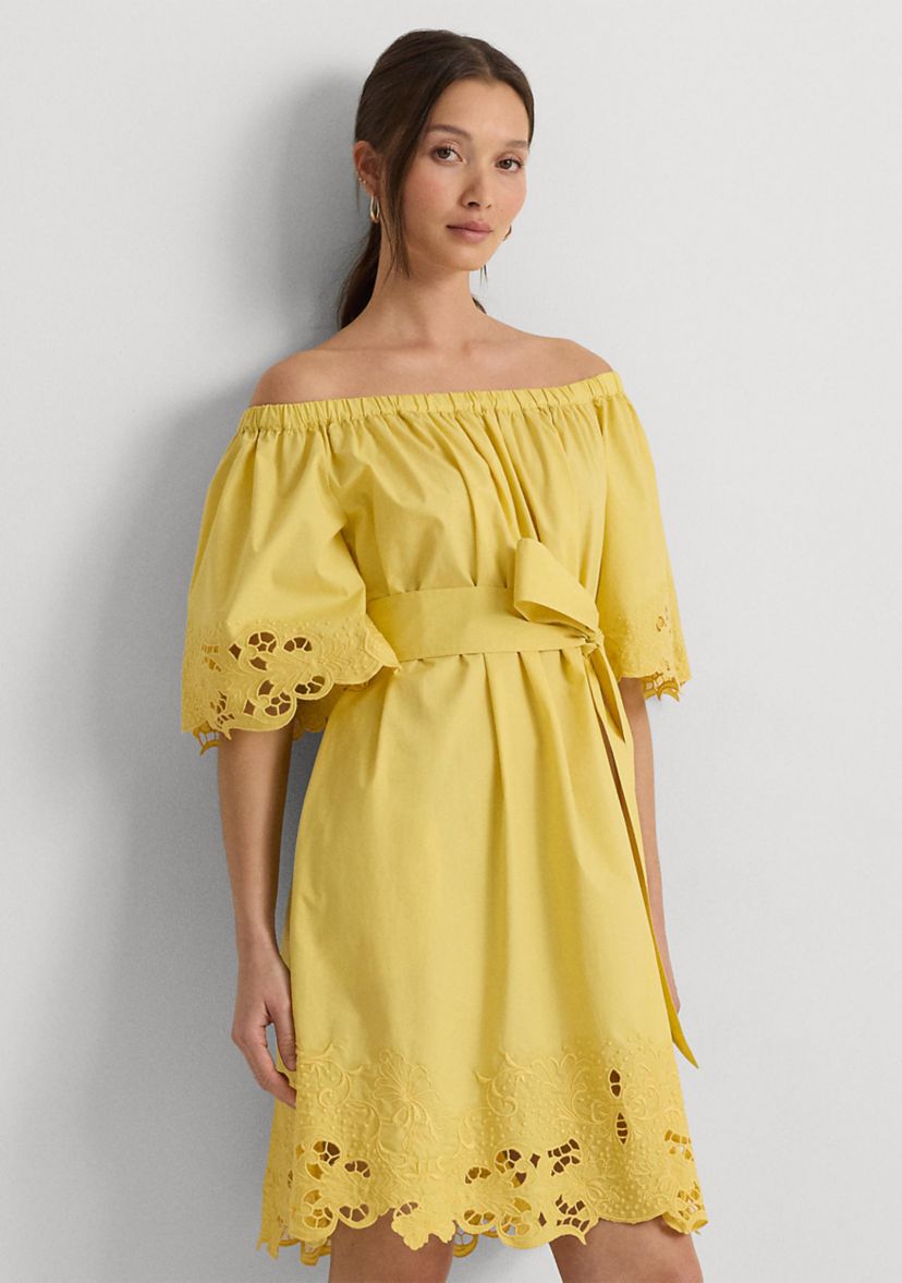 Womens Eyelet Cotton Off-the-Shoulder Dress