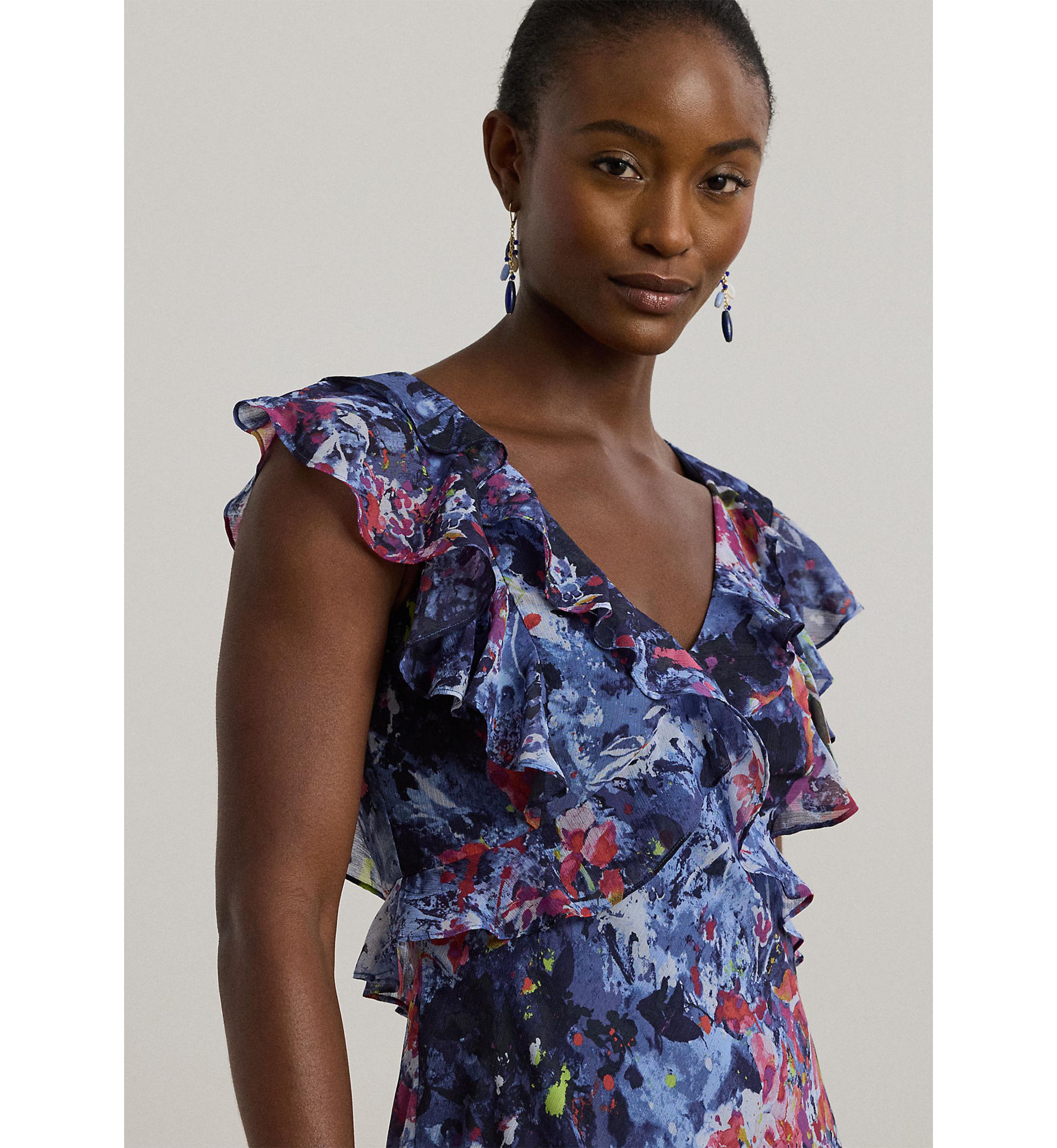Print Ruffle Trim Georgette Midi Dress