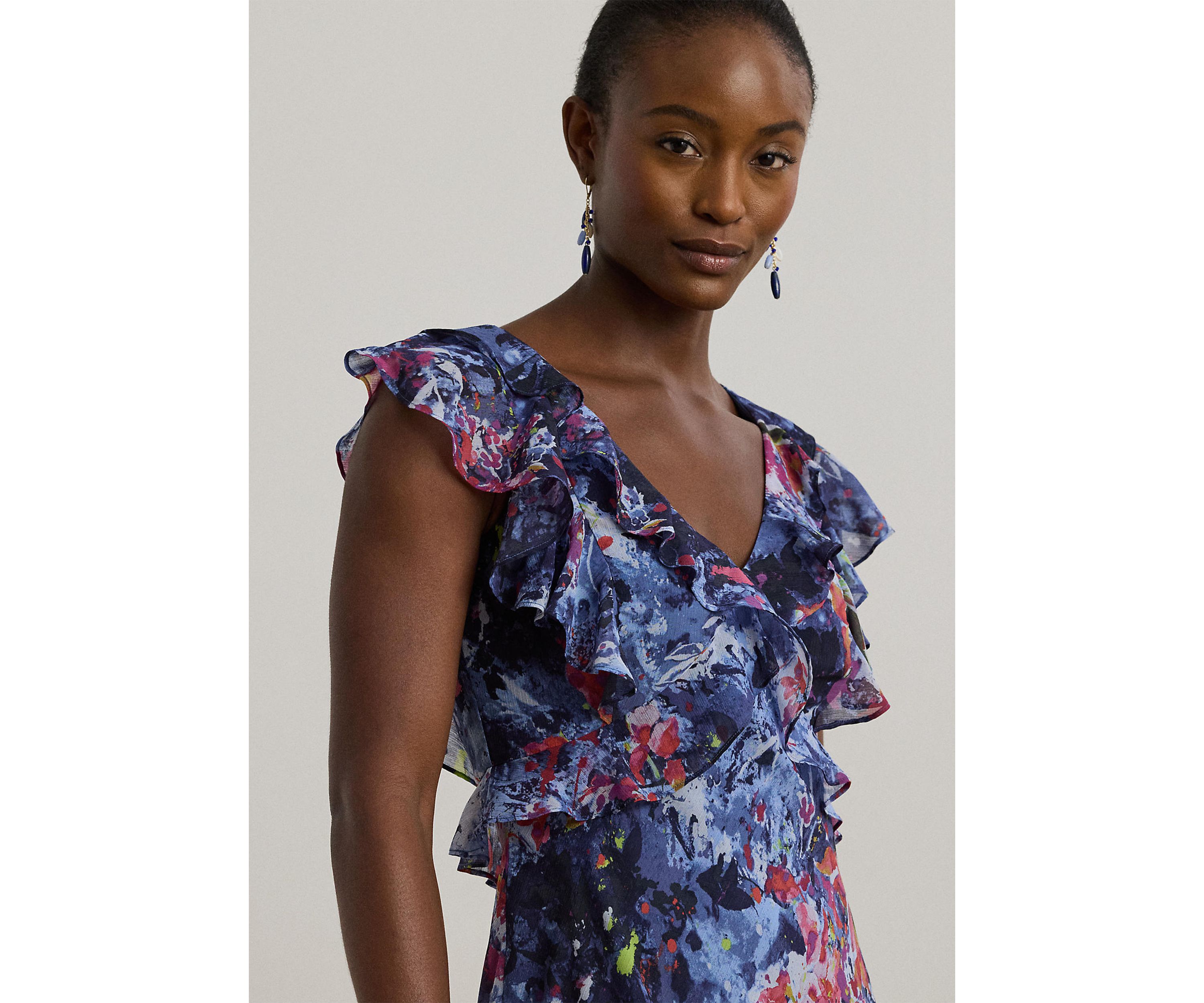 Print Ruffle Trim Georgette Midi Dress
