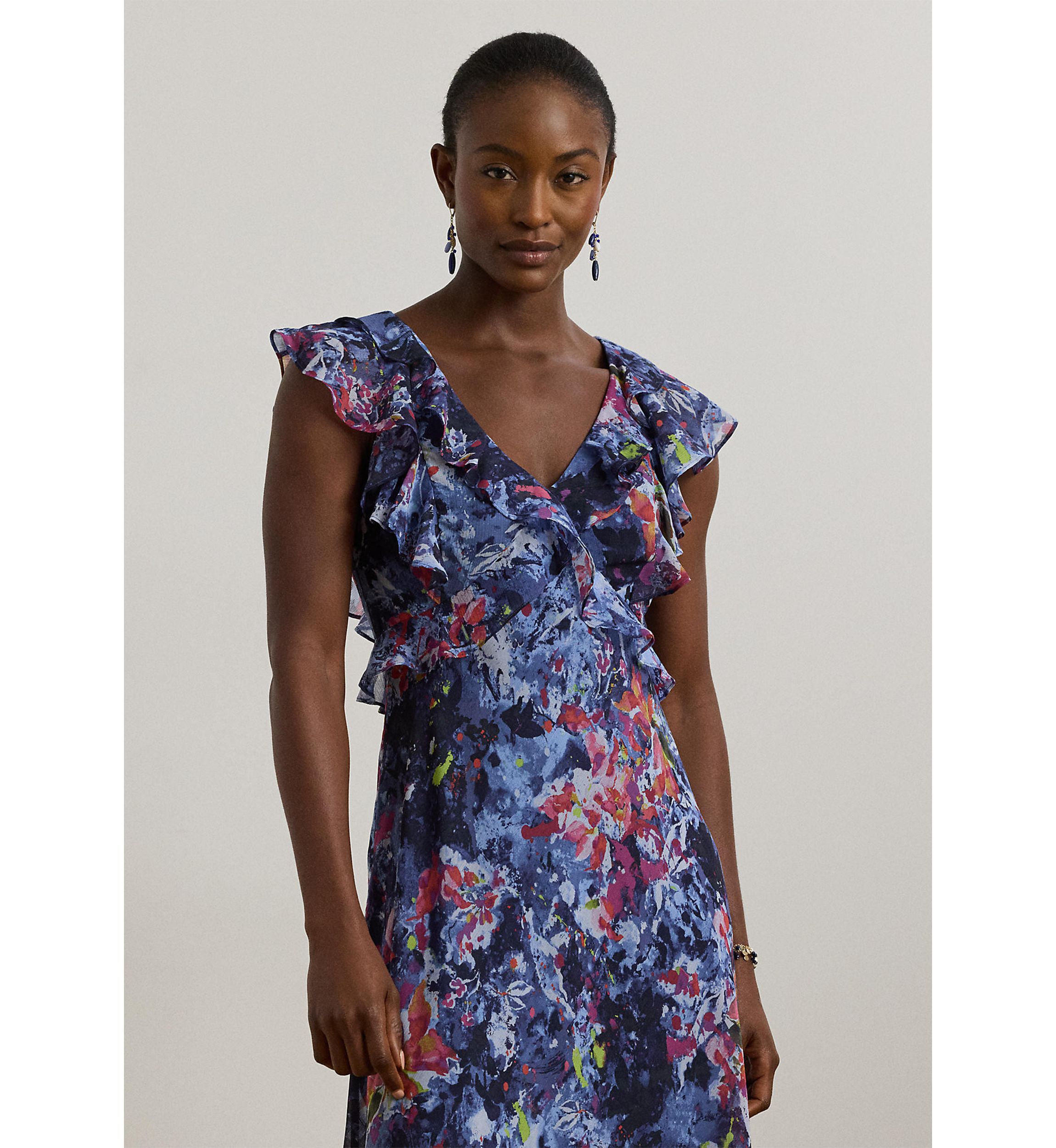 Print Ruffle Trim Georgette Midi Dress
