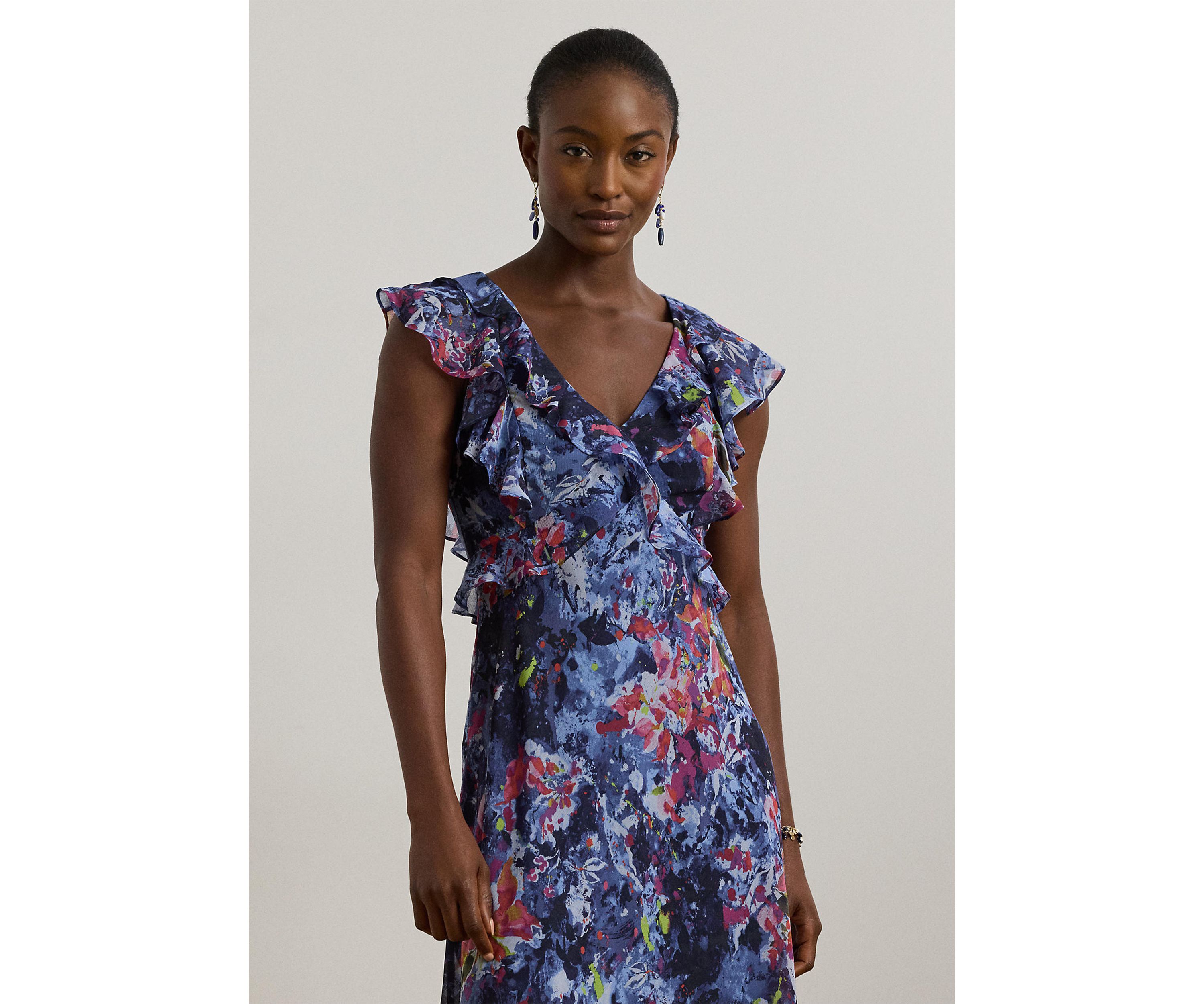 Print Ruffle Trim Georgette Midi Dress