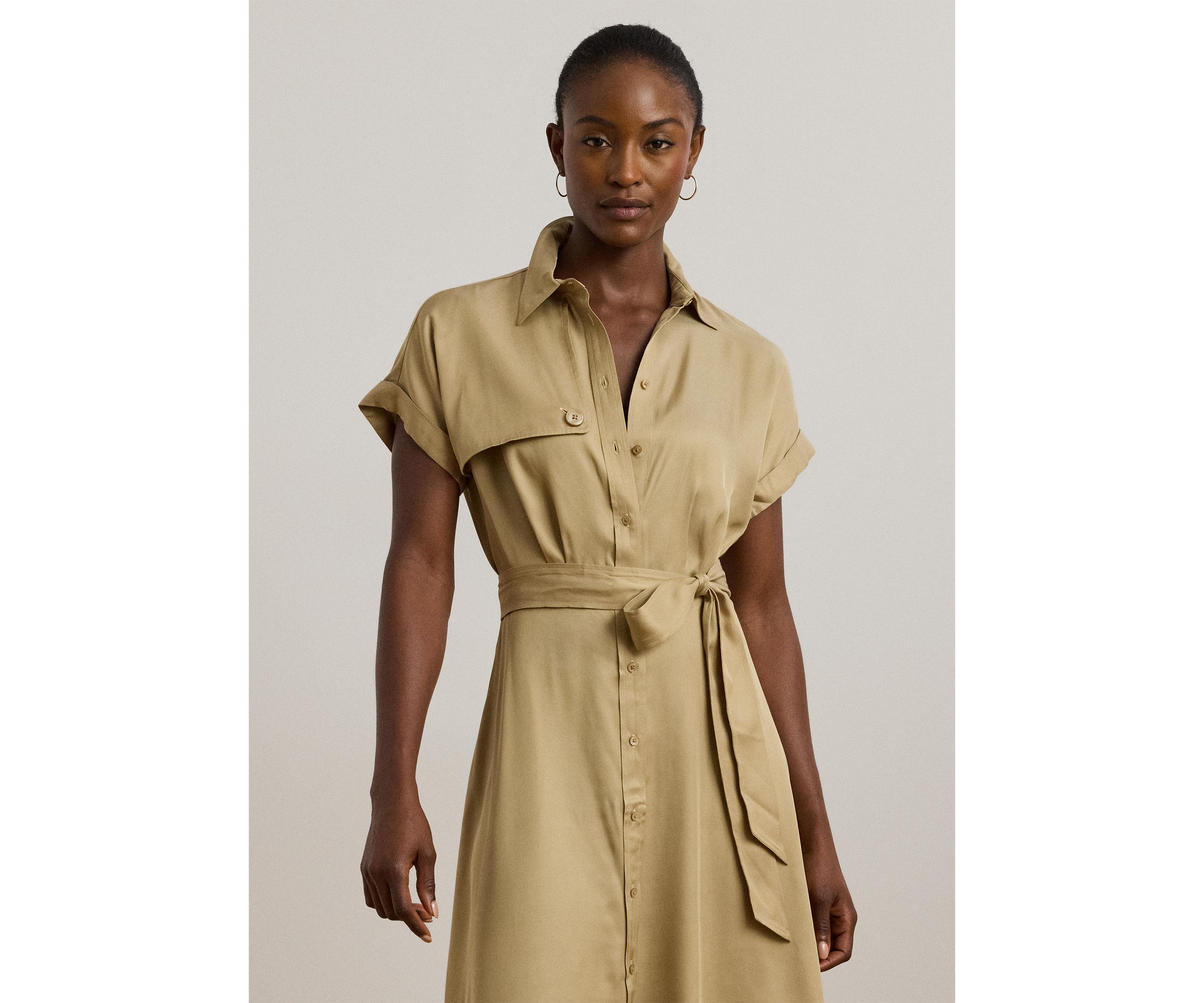 Womens Belted Twill Short-Sleeve Shirtdress