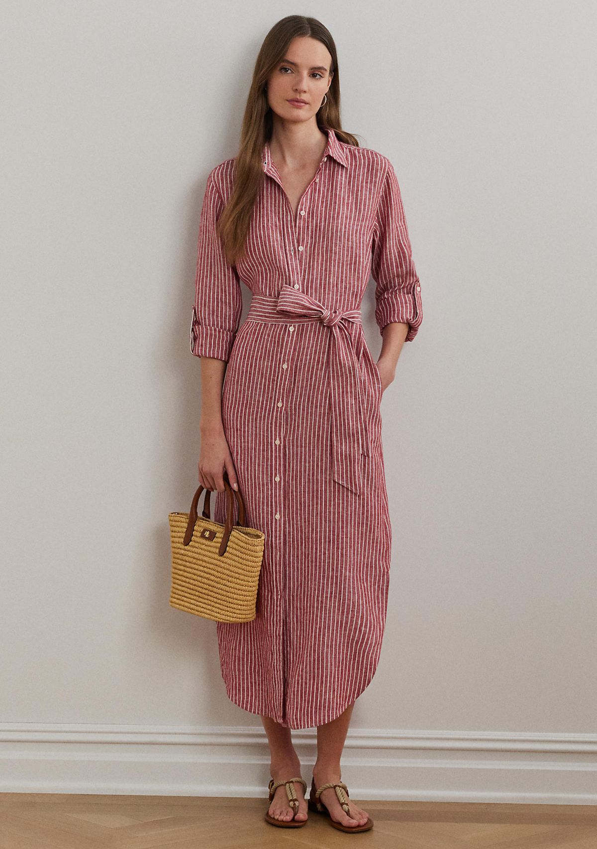 Womens Striped Linen Roll-Tab-Sleeve Shirtdress