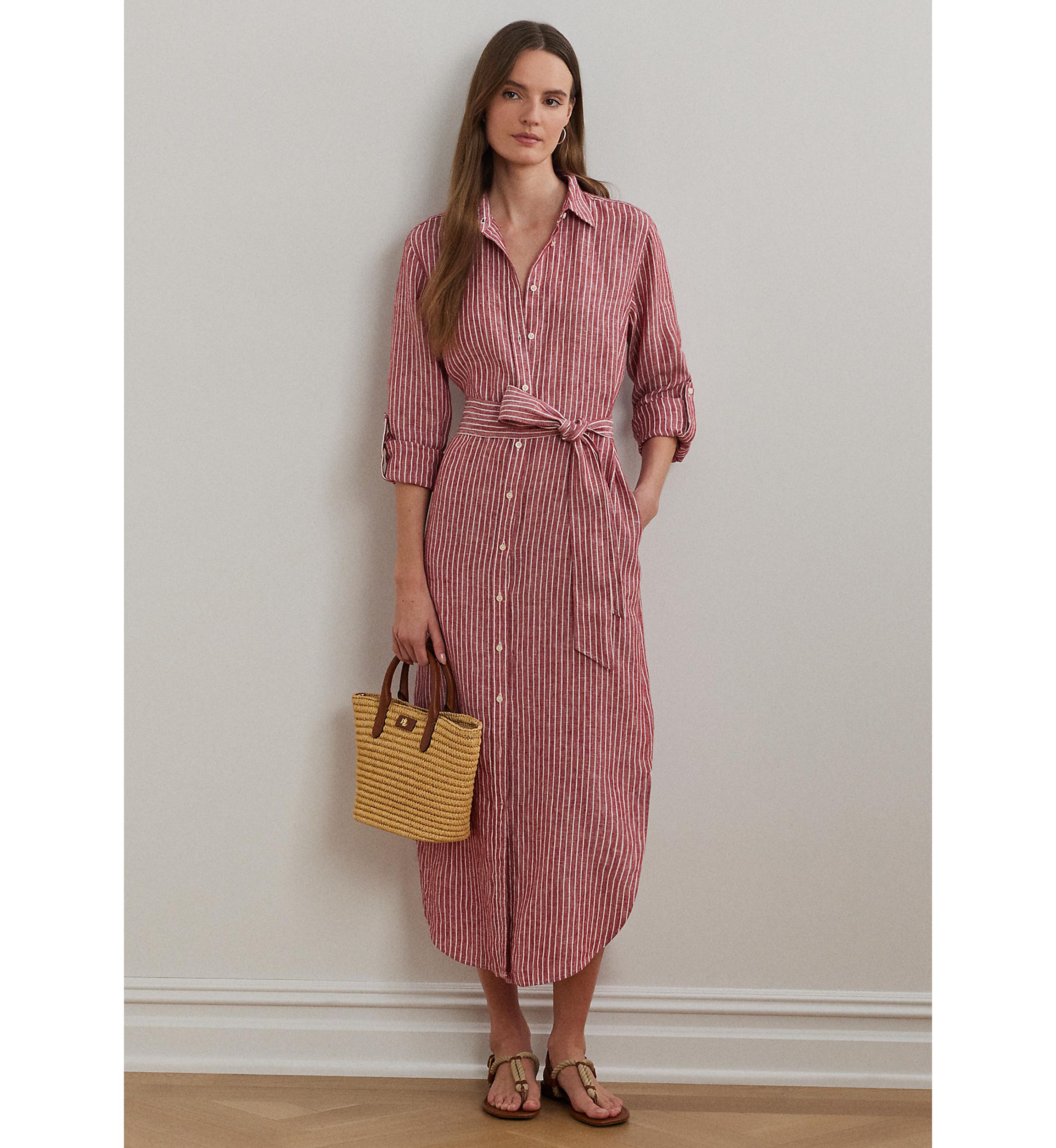 Womens Striped Linen Roll-Tab-Sleeve Shirtdress