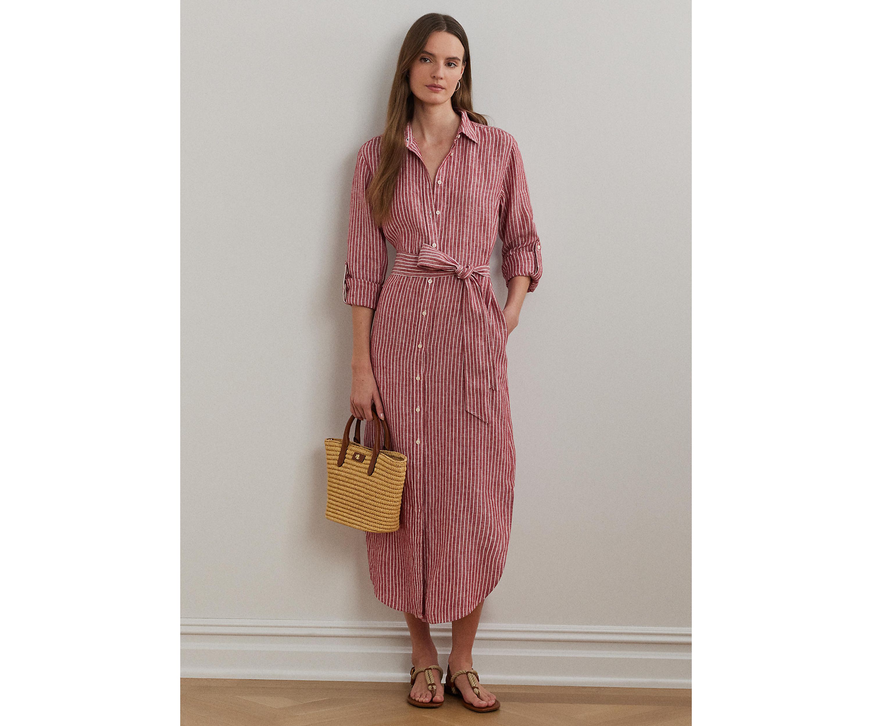 Womens Striped Linen Roll-Tab-Sleeve Shirtdress