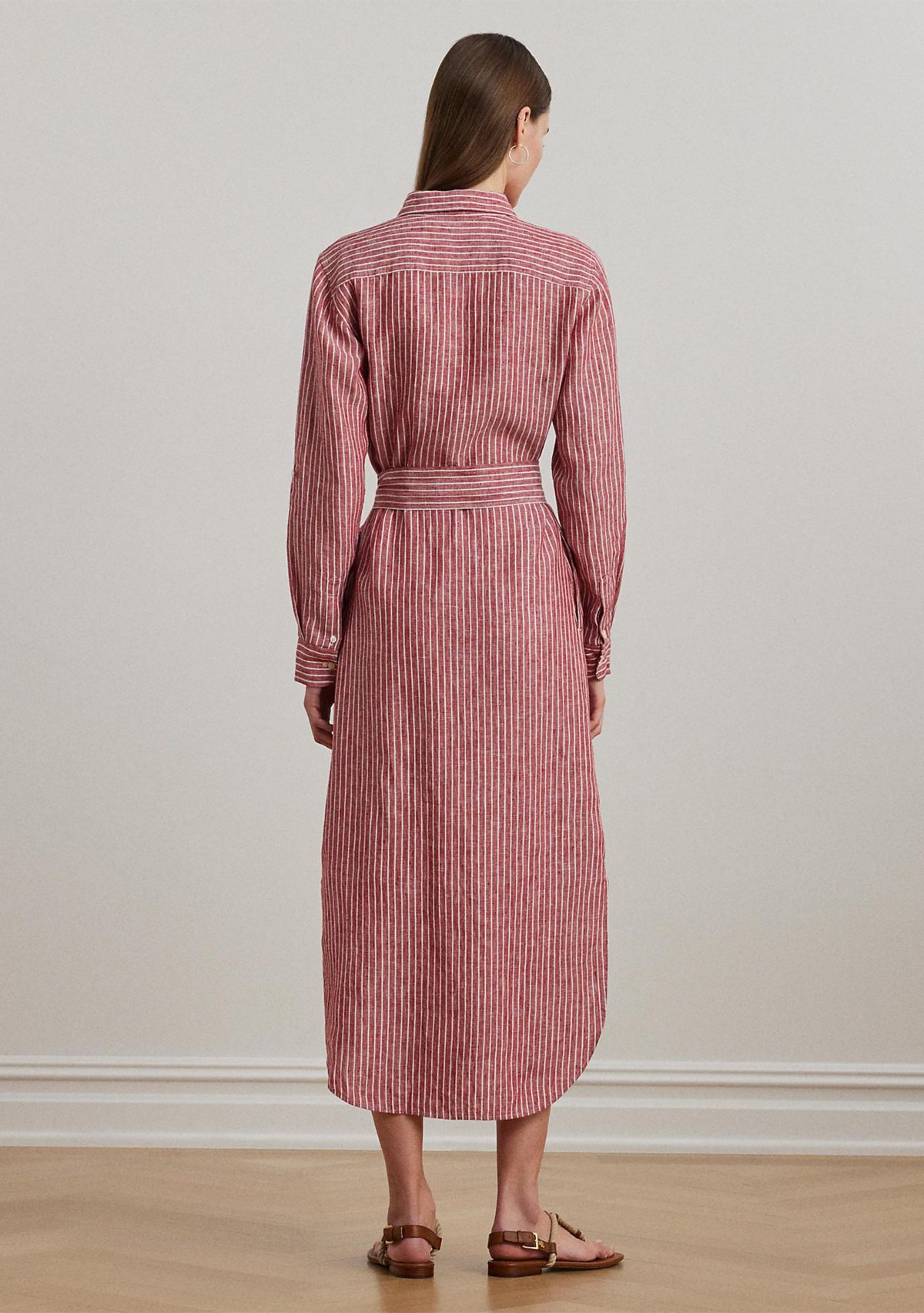 Womens Striped Linen Roll-Tab-Sleeve Shirtdress