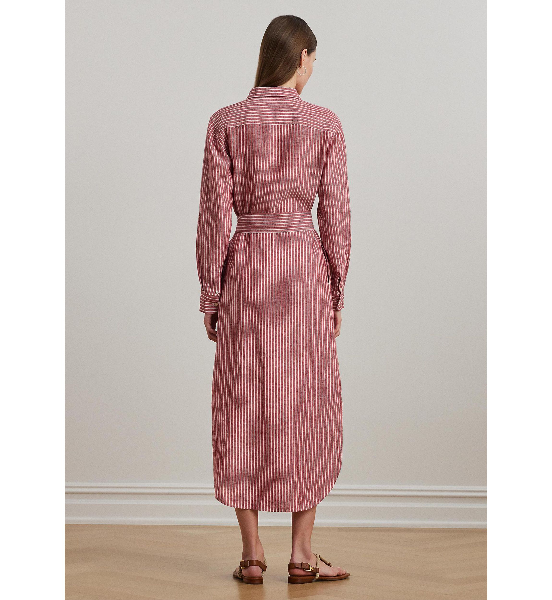 Womens Striped Linen Roll-Tab-Sleeve Shirtdress