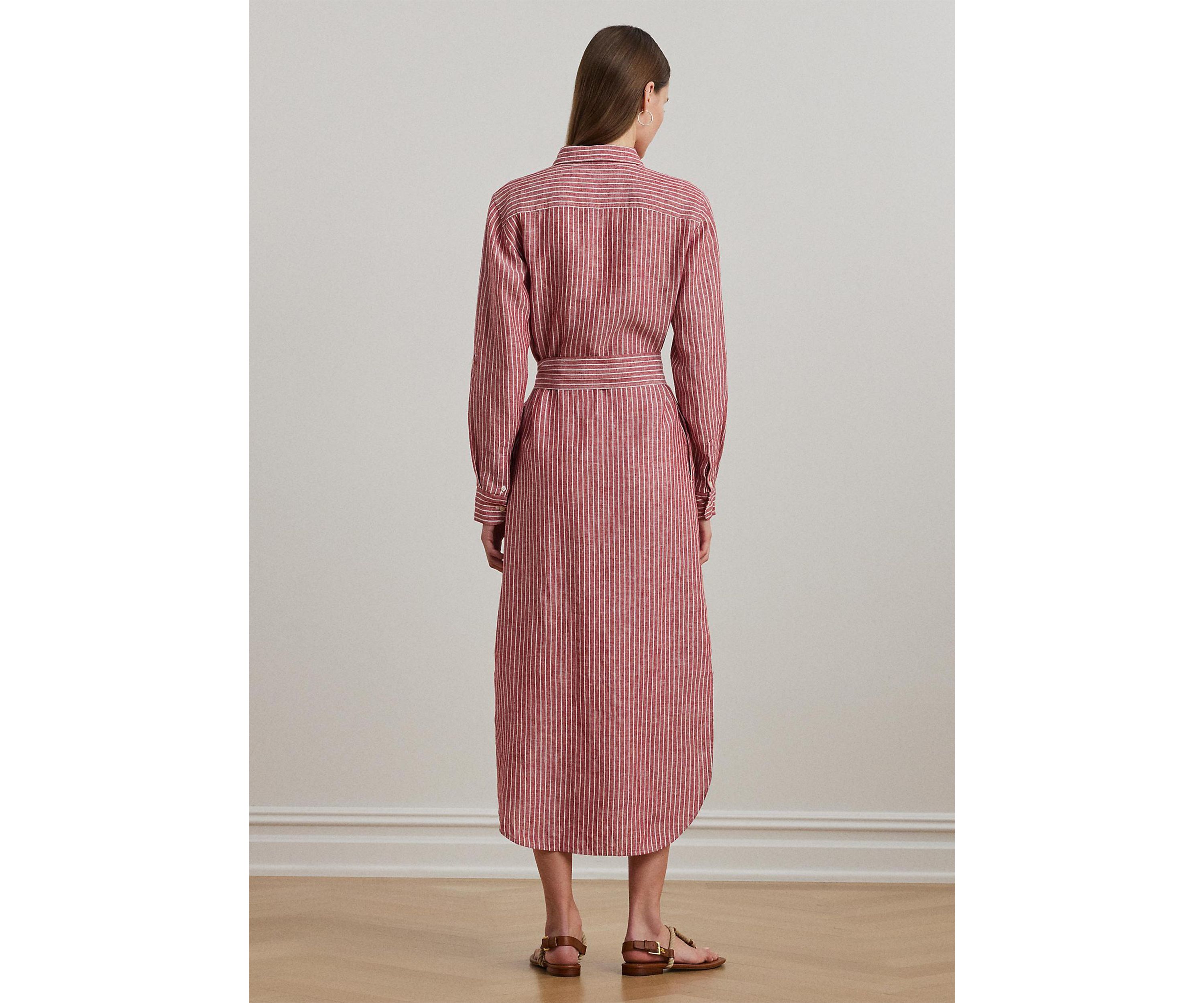 Womens Striped Linen Roll-Tab-Sleeve Shirtdress
