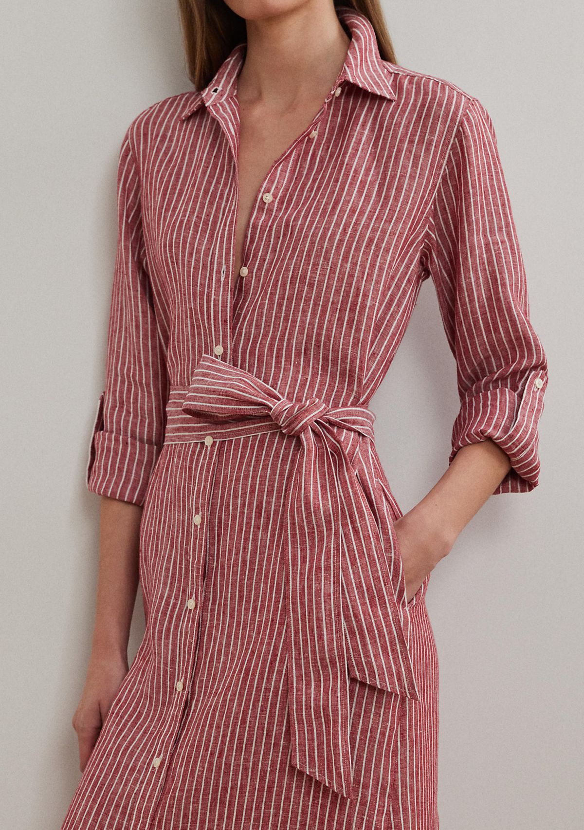 Womens Striped Linen Roll-Tab-Sleeve Shirtdress