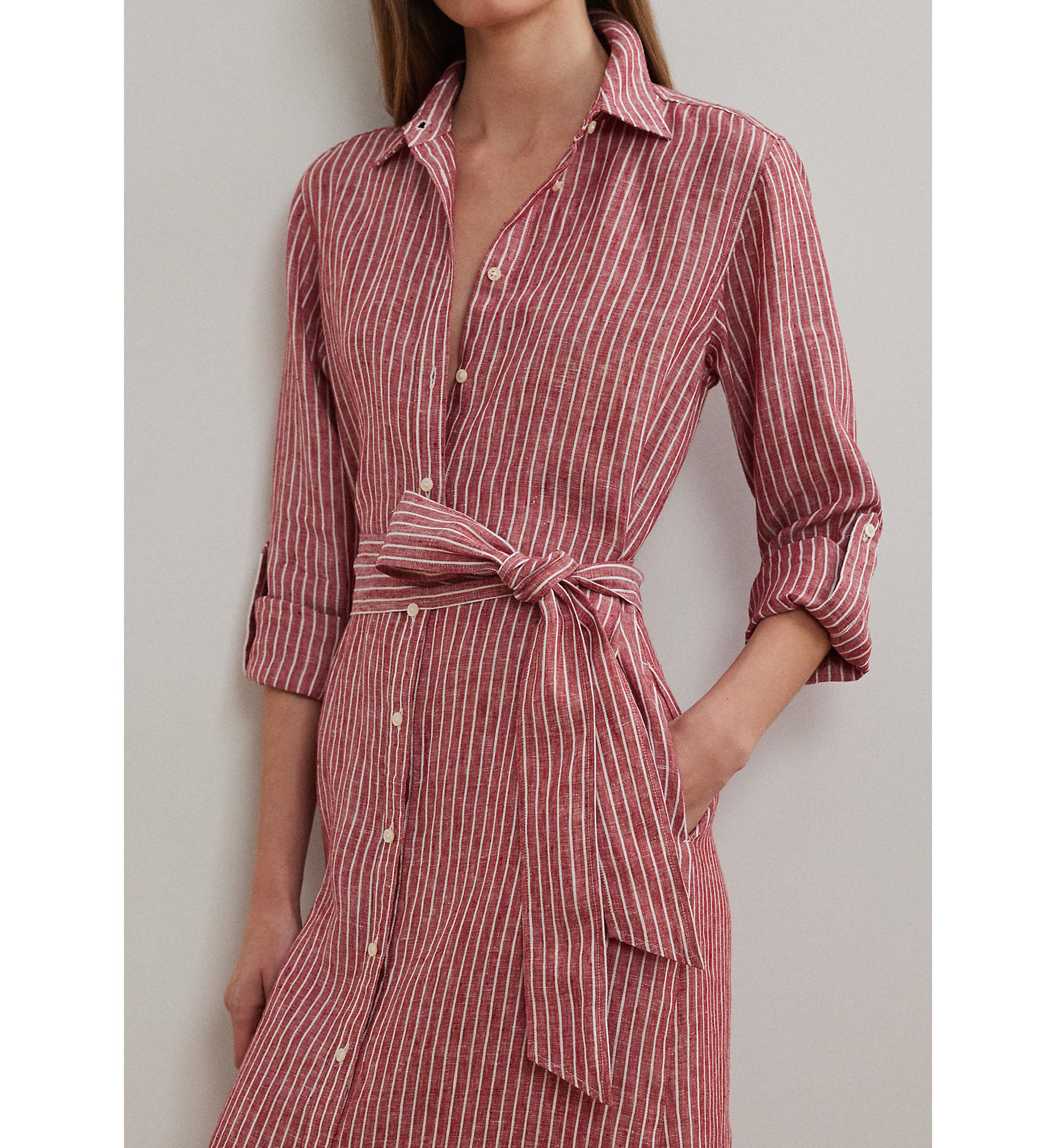 Womens Striped Linen Roll-Tab-Sleeve Shirtdress