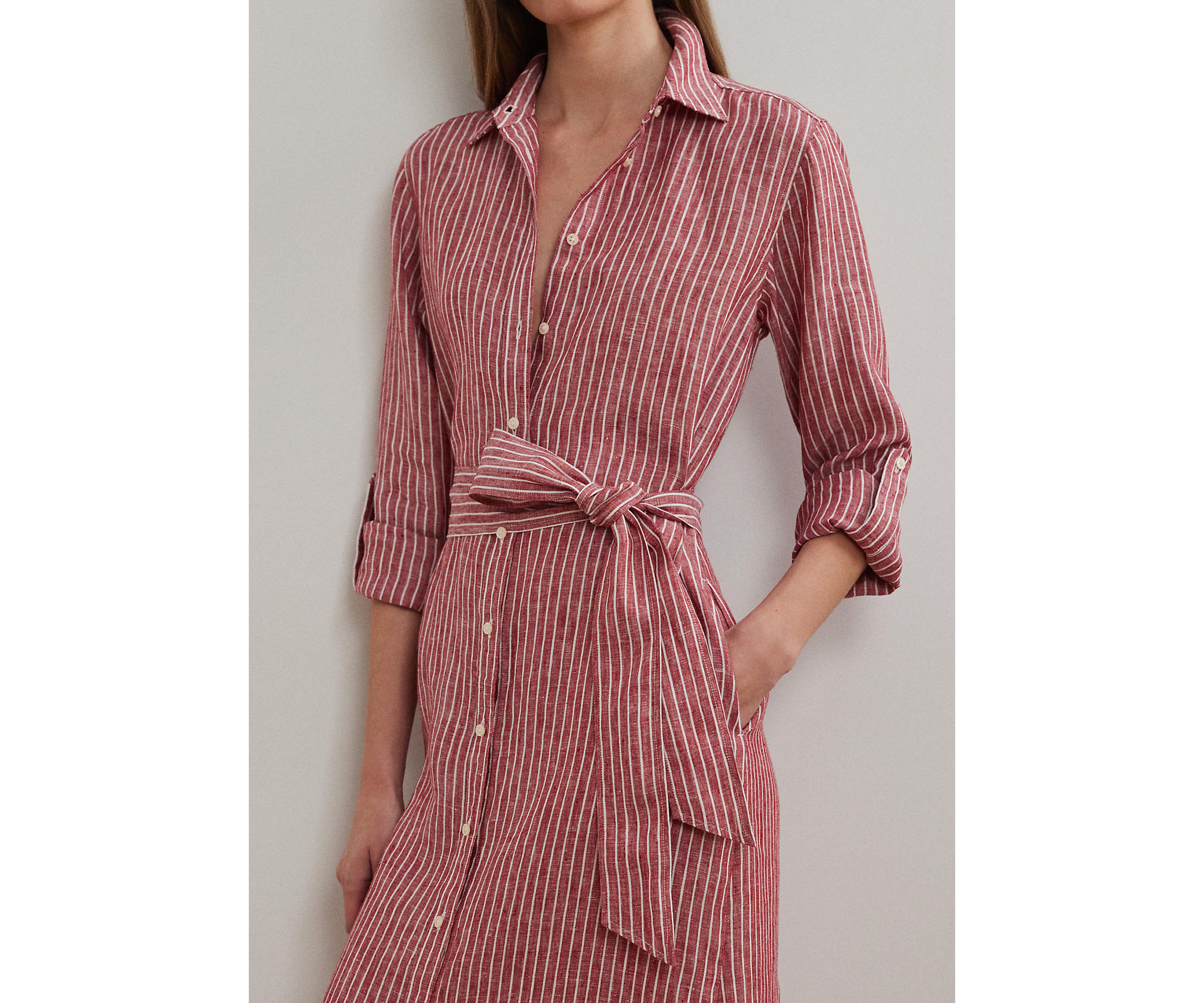 Womens Striped Linen Roll-Tab-Sleeve Shirtdress