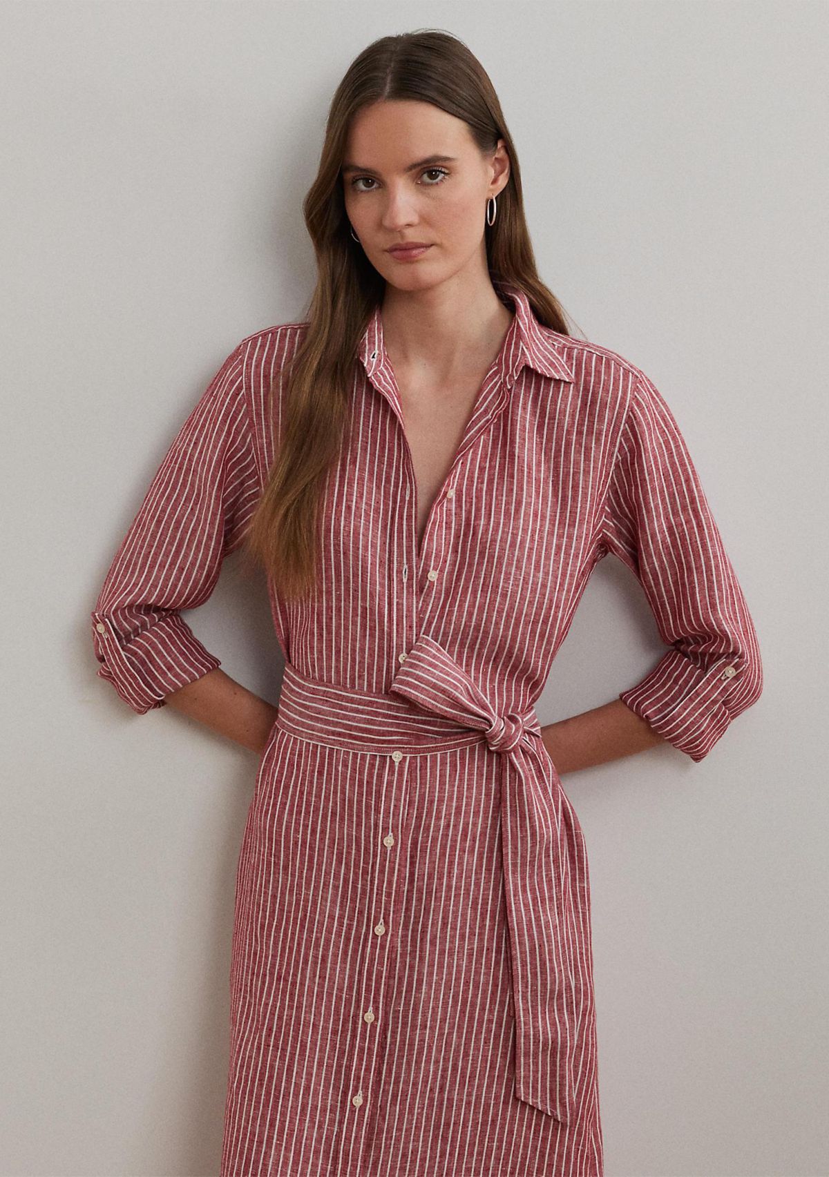 Womens Striped Linen Roll-Tab-Sleeve Shirtdress