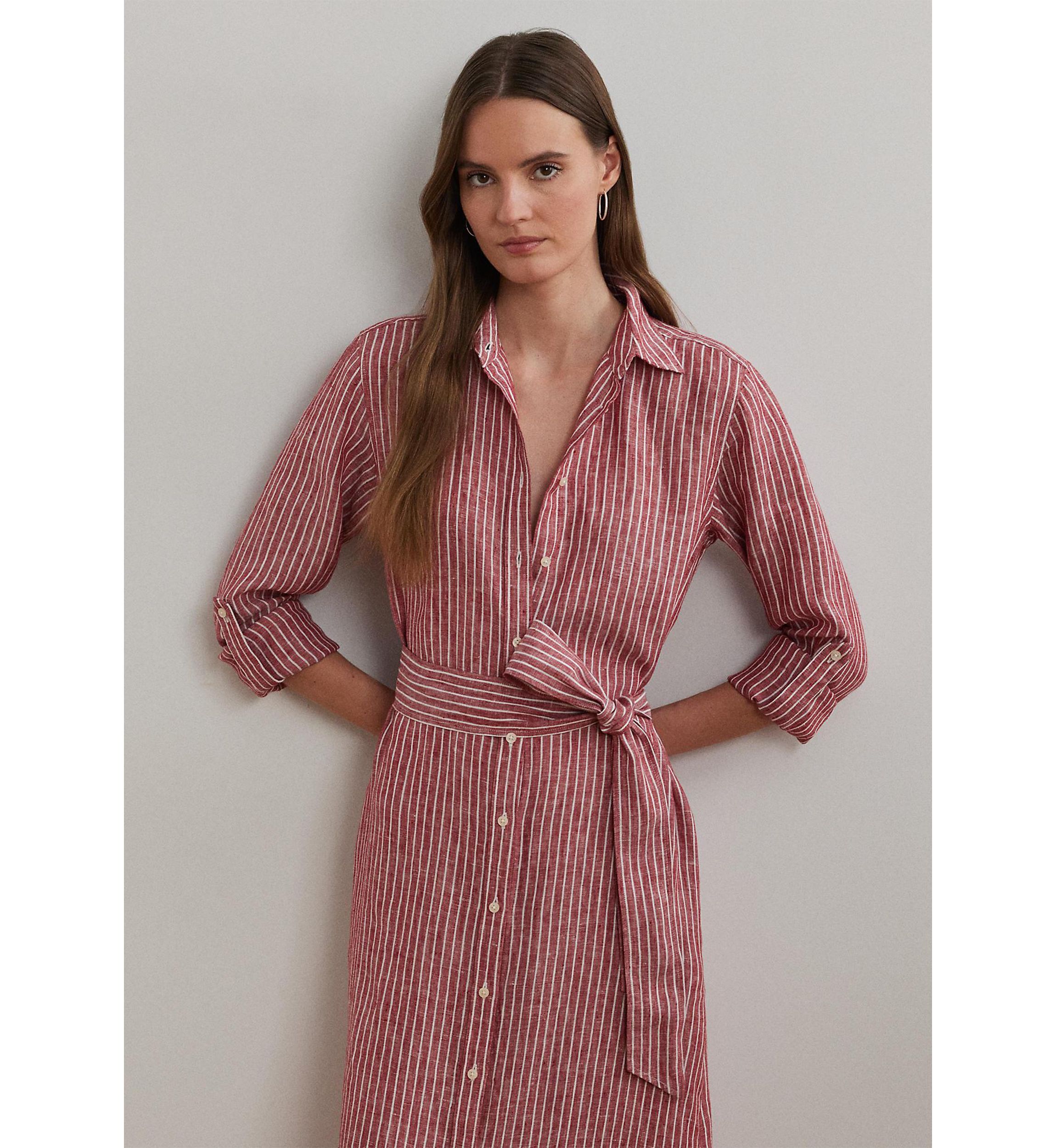 Womens Striped Linen Roll-Tab-Sleeve Shirtdress