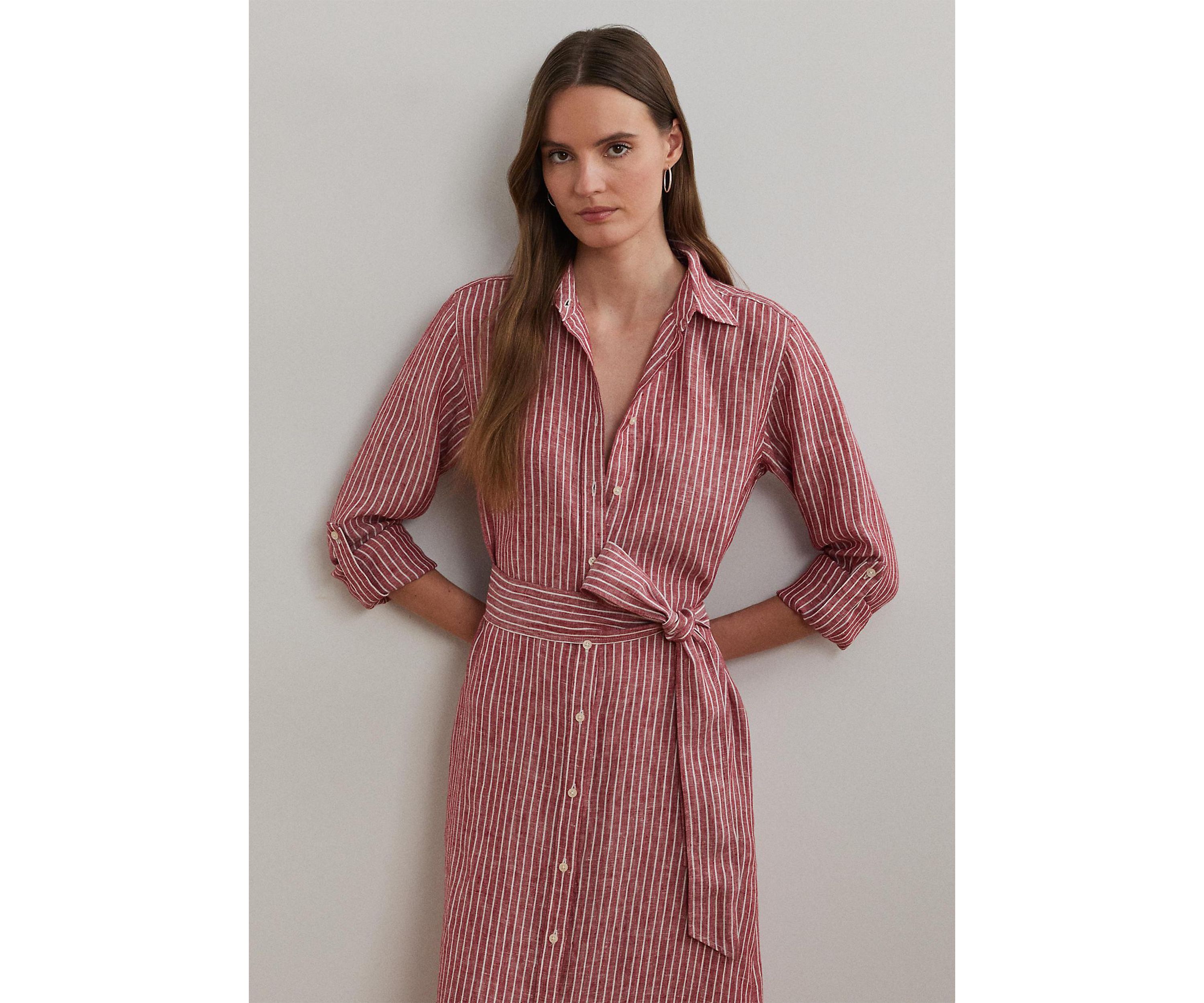 Womens Striped Linen Roll-Tab-Sleeve Shirtdress