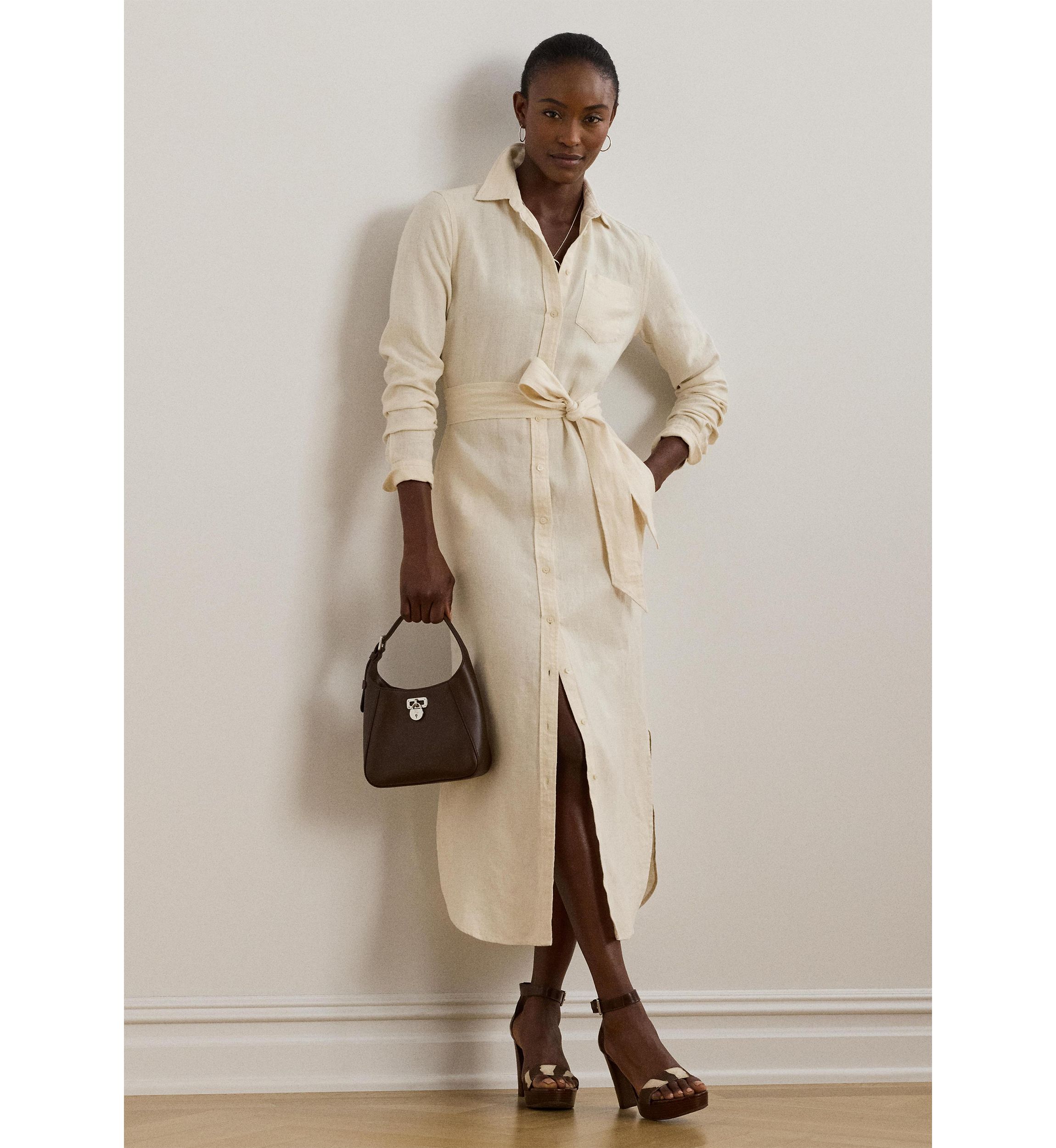 Womens Belted Linen Shirtdress
