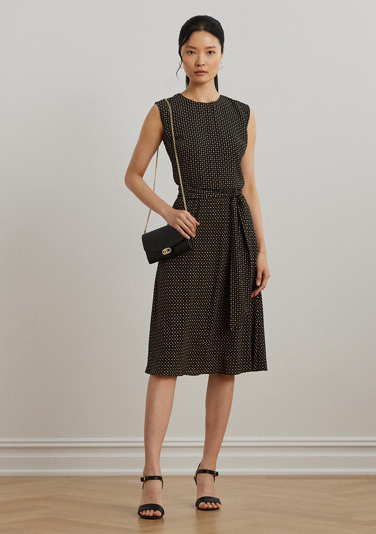 Womens Geo-Print Belted Bubble Crepe Dress