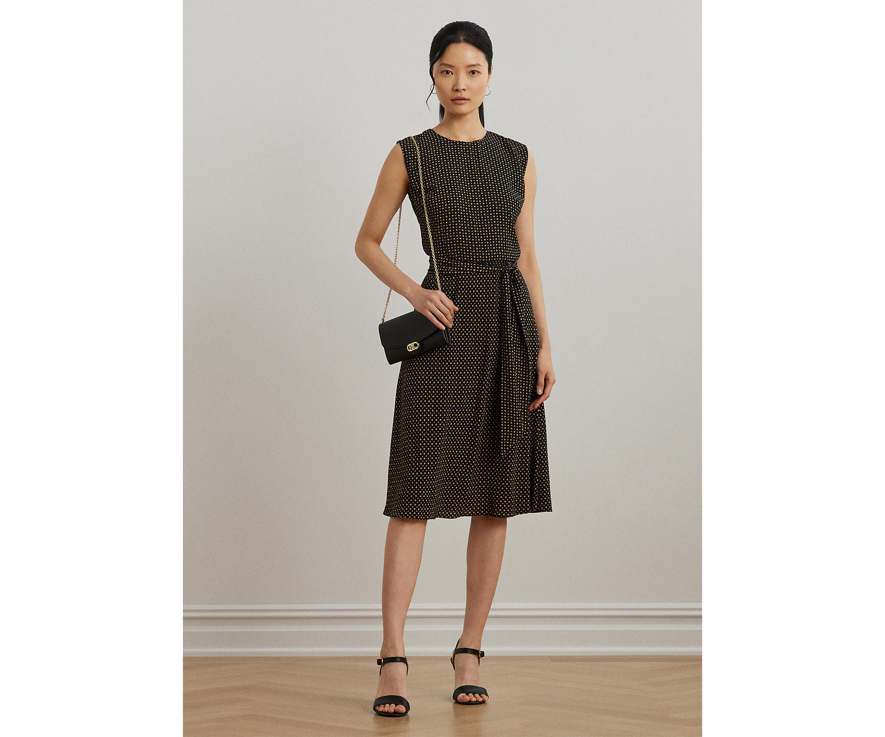 Womens Geo-Print Belted Bubble Crepe Dress
