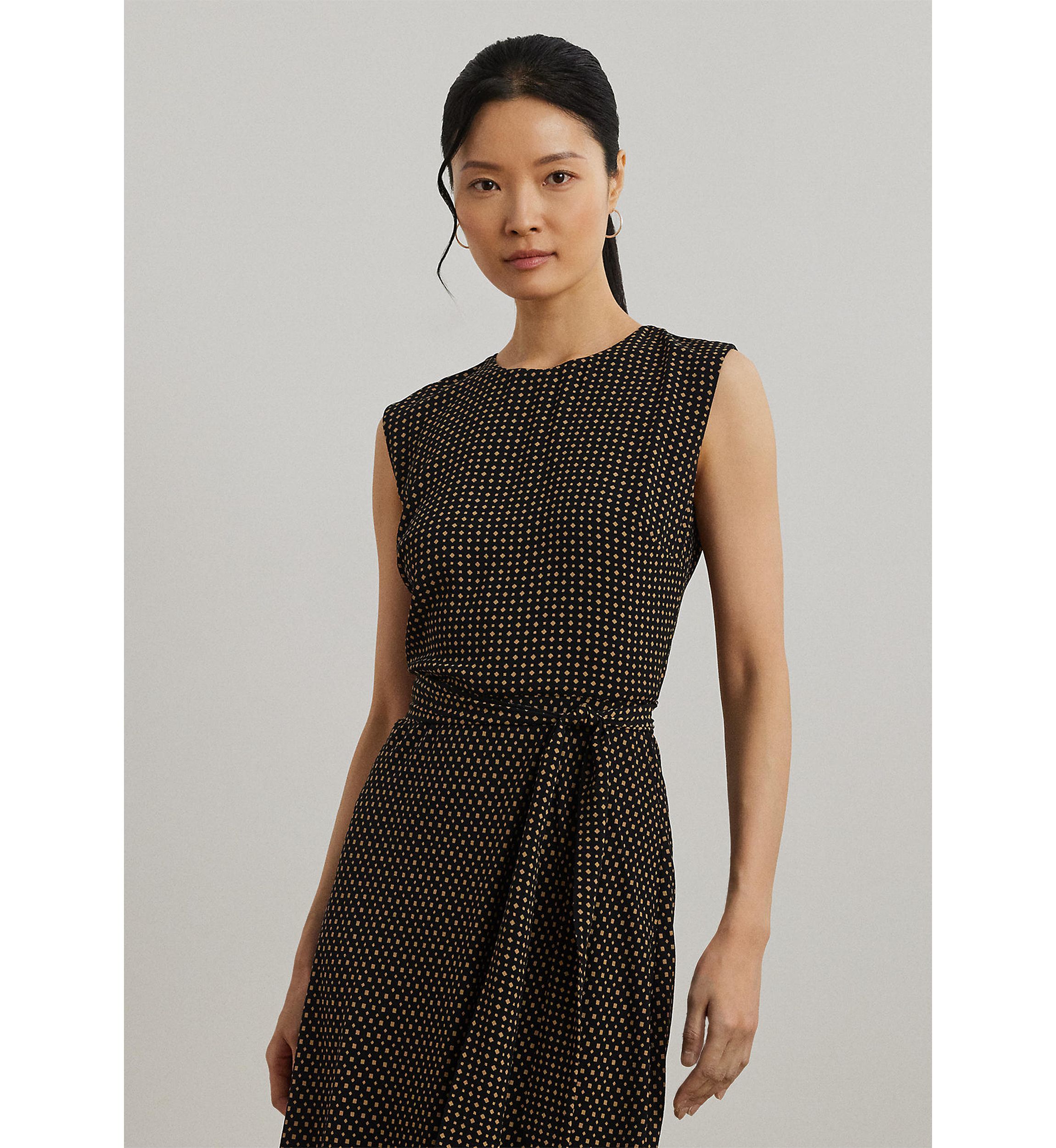 Womens Geo-Print Belted Bubble Crepe Dress