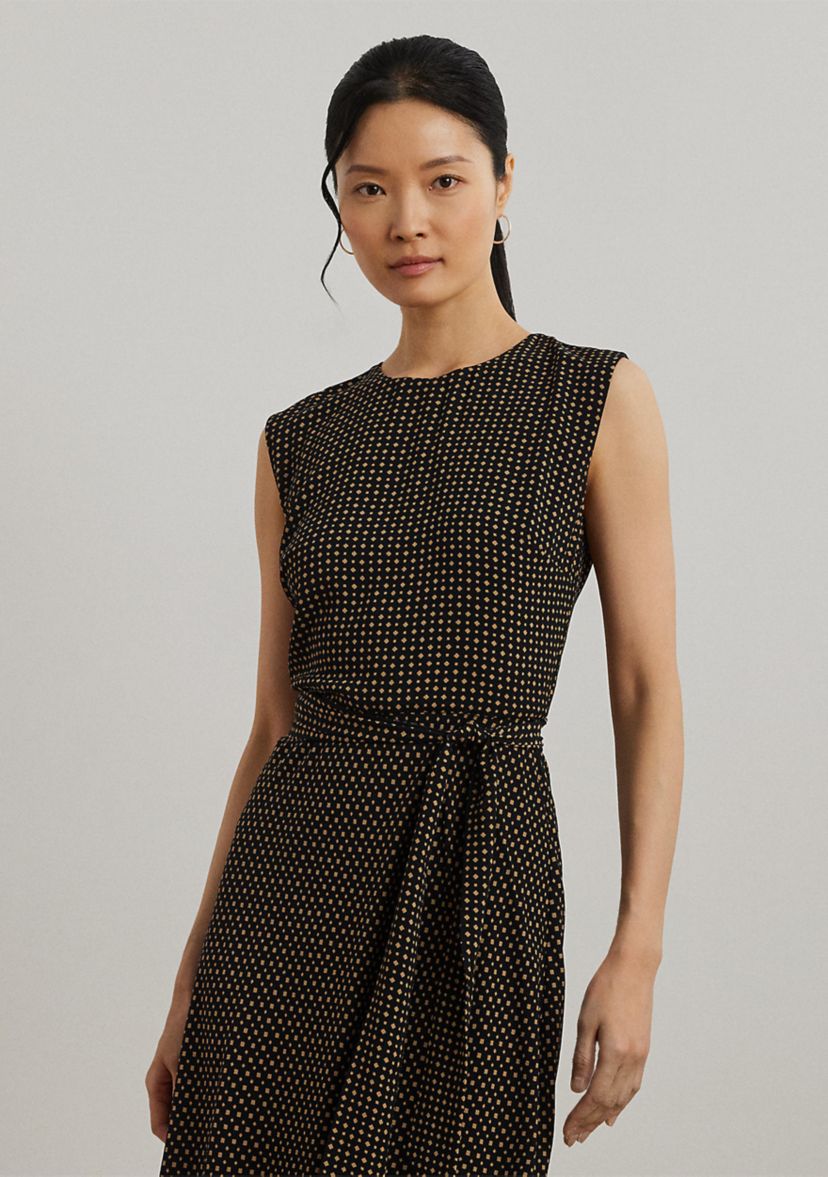 Womens Geo-Print Belted Bubble Crepe Dress