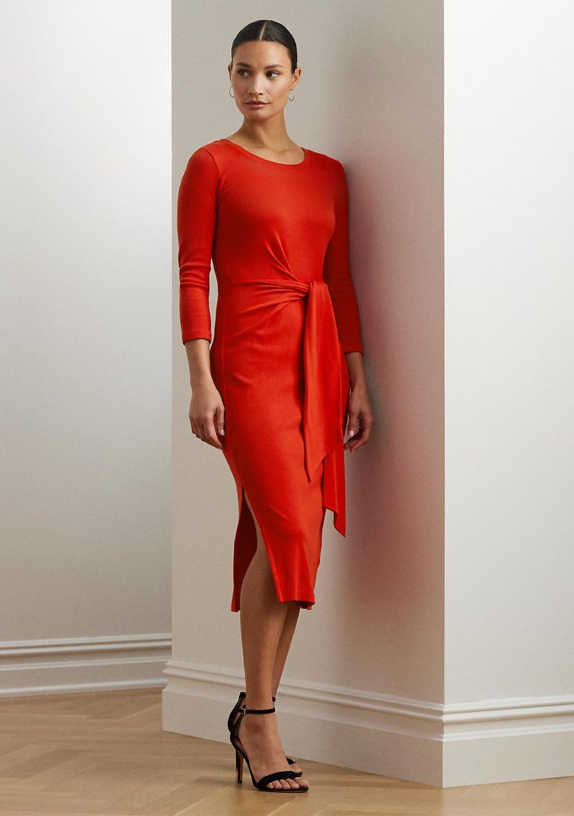 Womens Tie-Front Cotton-Blend Crew Neck Dress