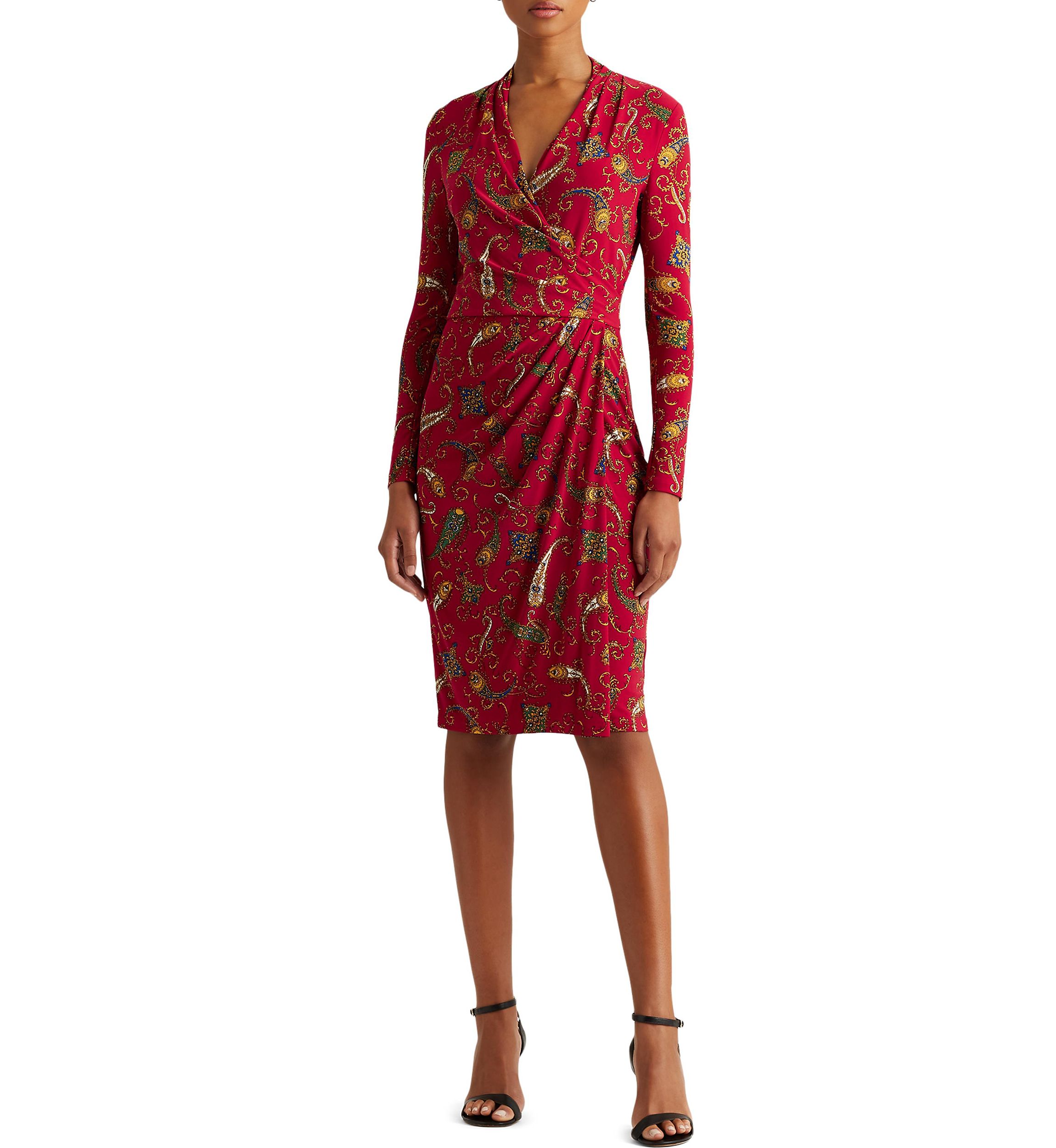 lauren ralph lauren paisley jersey dress LAUREN RALPH LAUREN Paisley Pleated Surplice Faux Wrap Jersey Dress 6 Red  Blue