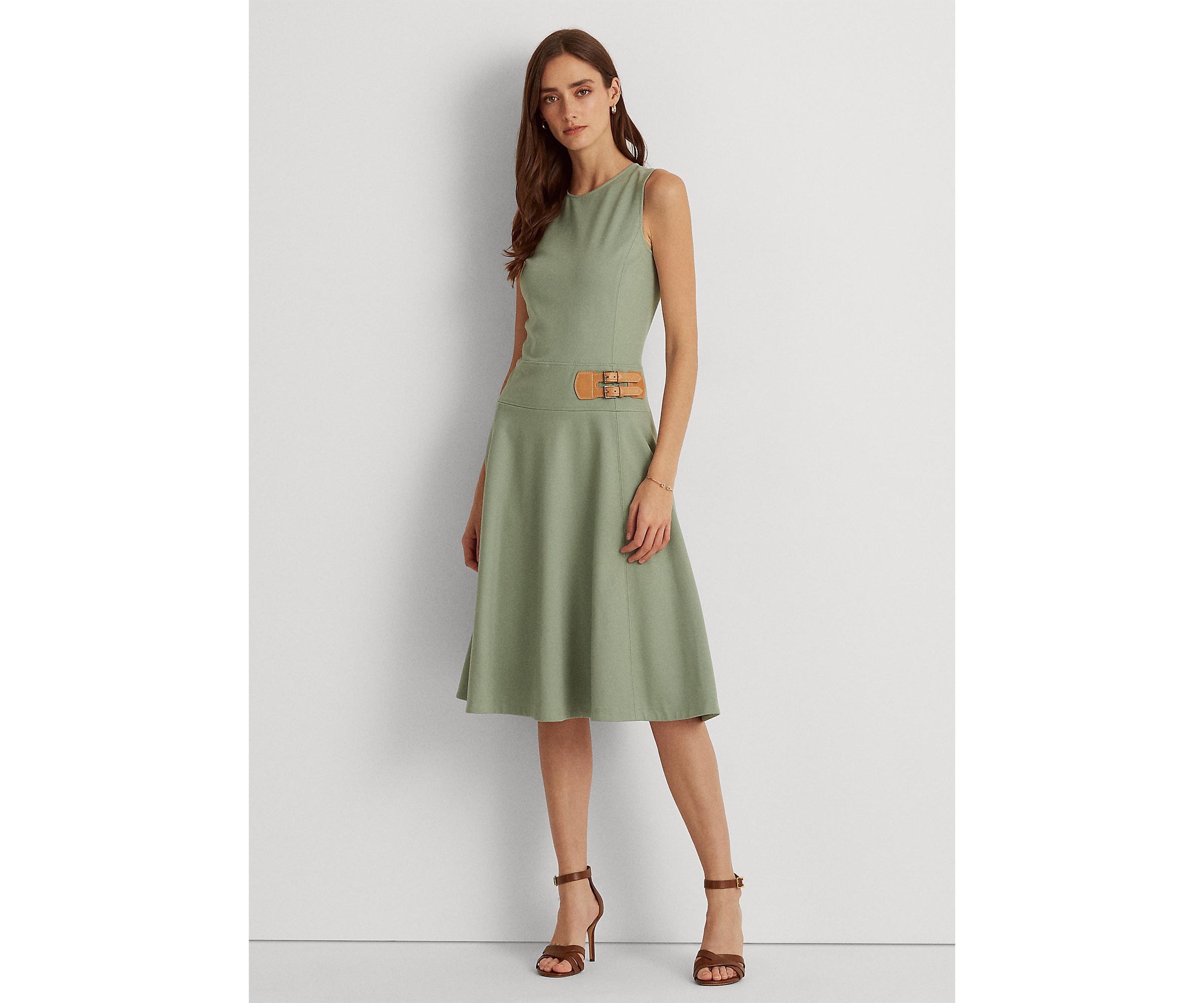 Buckle-Trim Sleeveless Ponte Dress