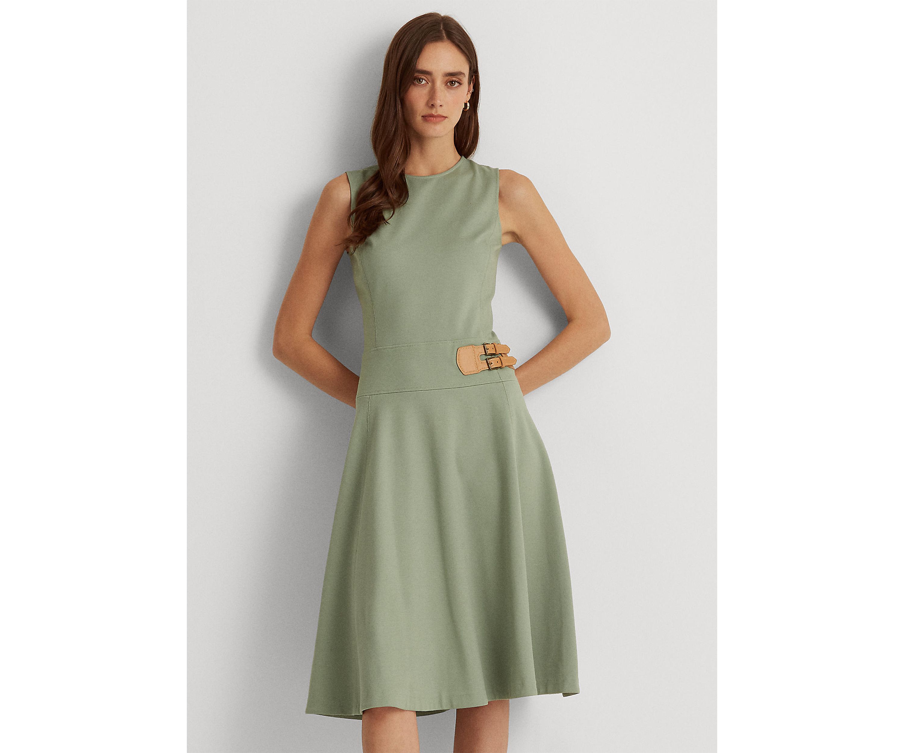 Buckle-Trim Sleeveless Ponte Dress