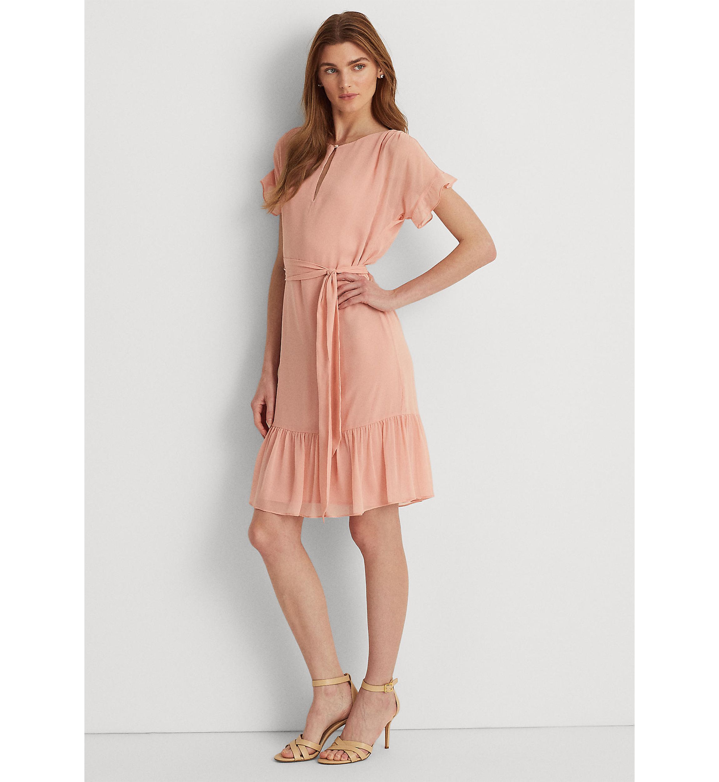 Ruffle-Sleeve Crinkled Georgette Dress