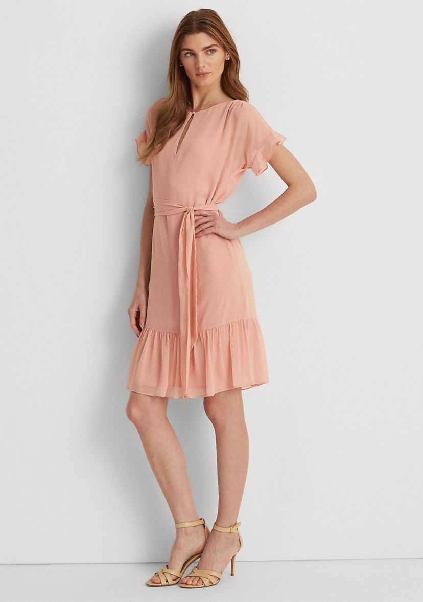 Ruffle-Sleeve Crinkled Georgette Dress