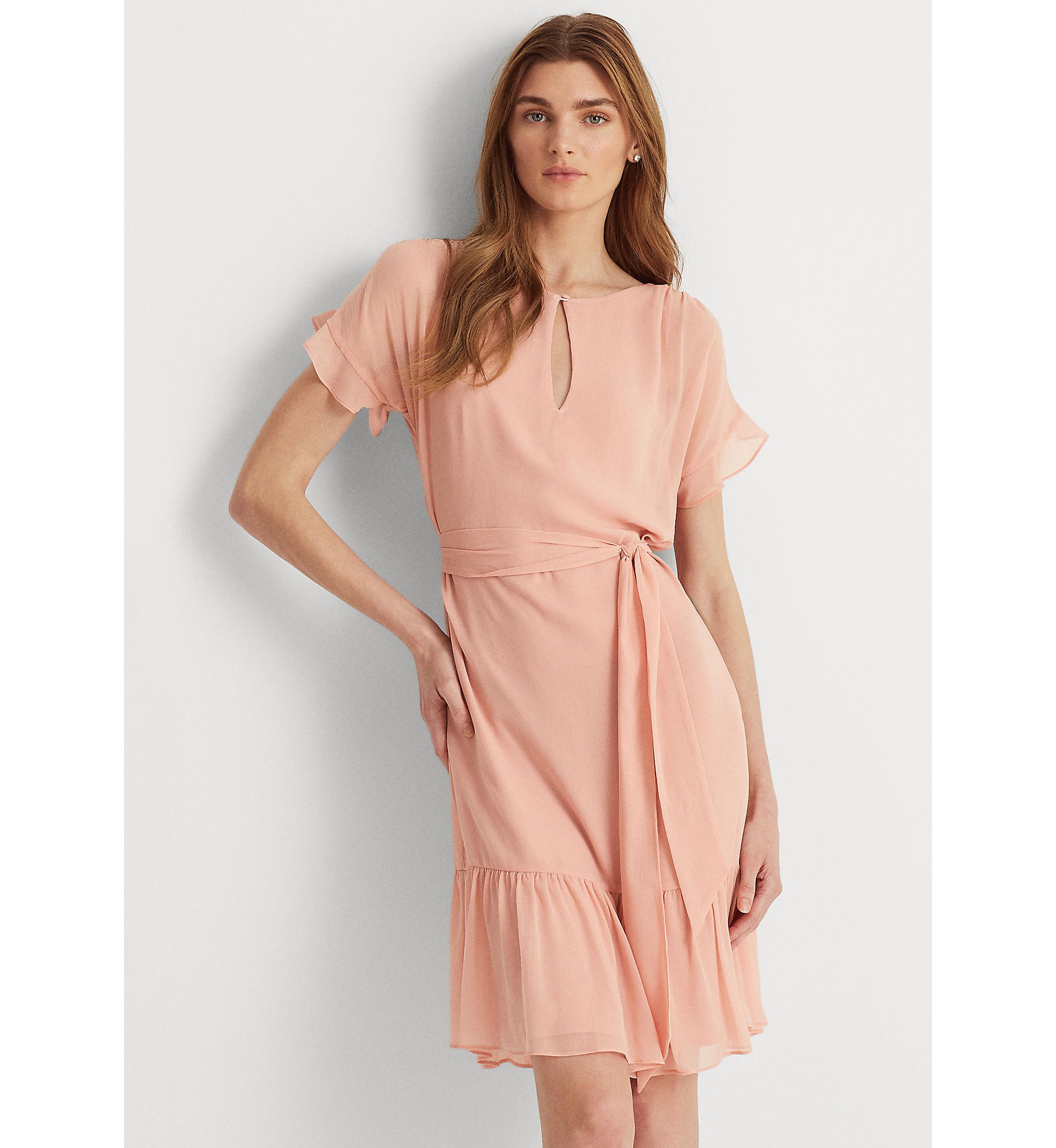 Ruffle-Sleeve Crinkled Georgette Dress