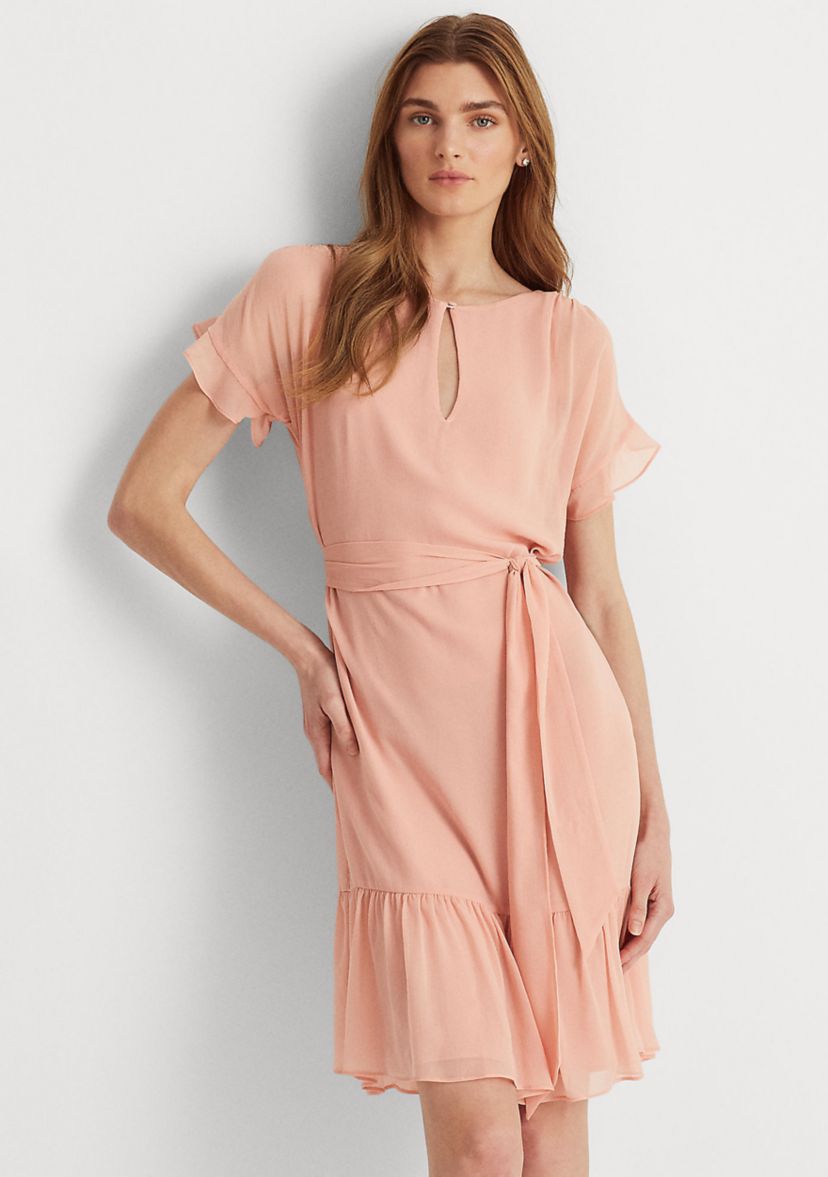 Ruffle-Sleeve Crinkled Georgette Dress