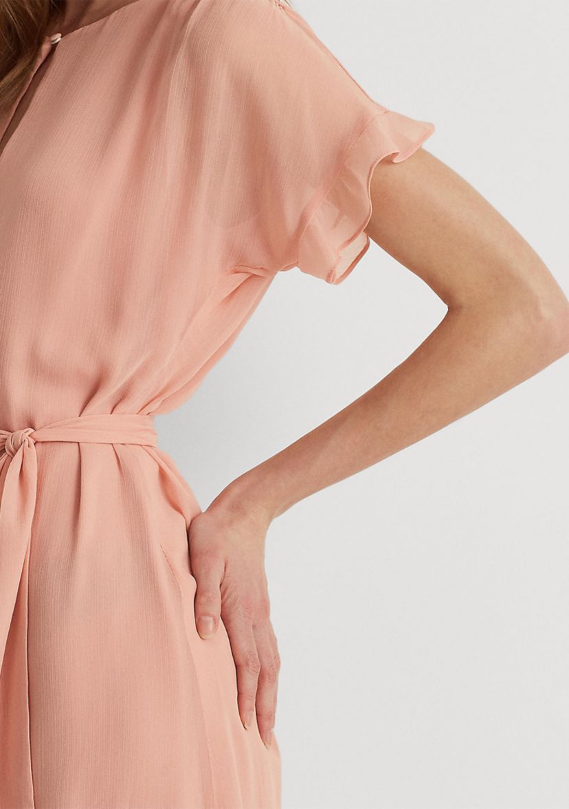 Ruffle-Sleeve Crinkled Georgette Dress