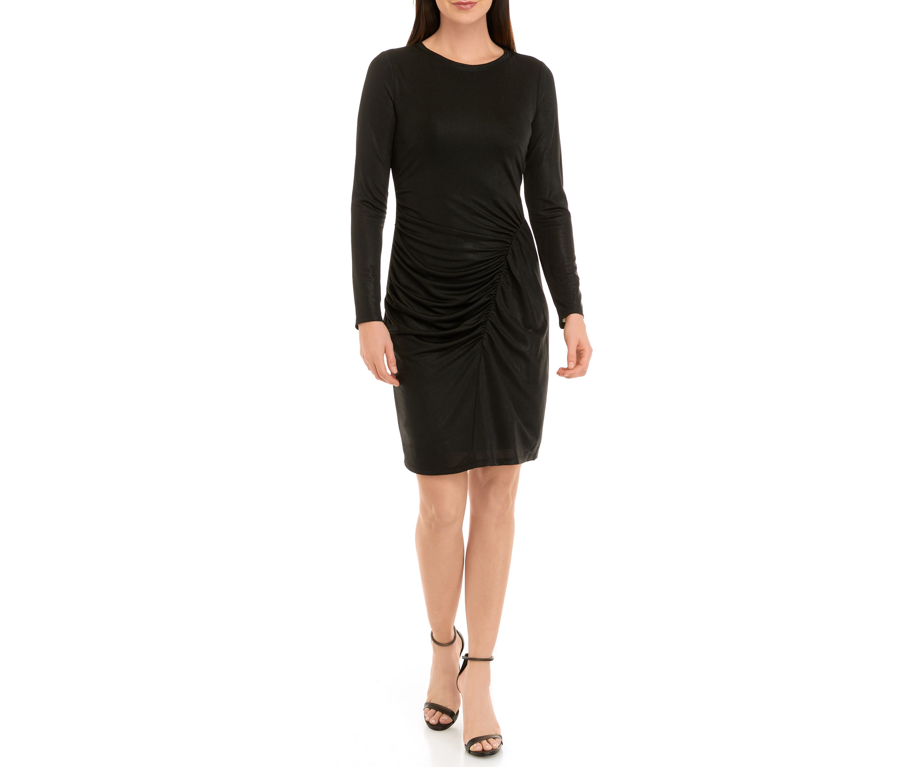 Long Sleeve Side Ruched Solid Foil Jersey Sheath Dress
